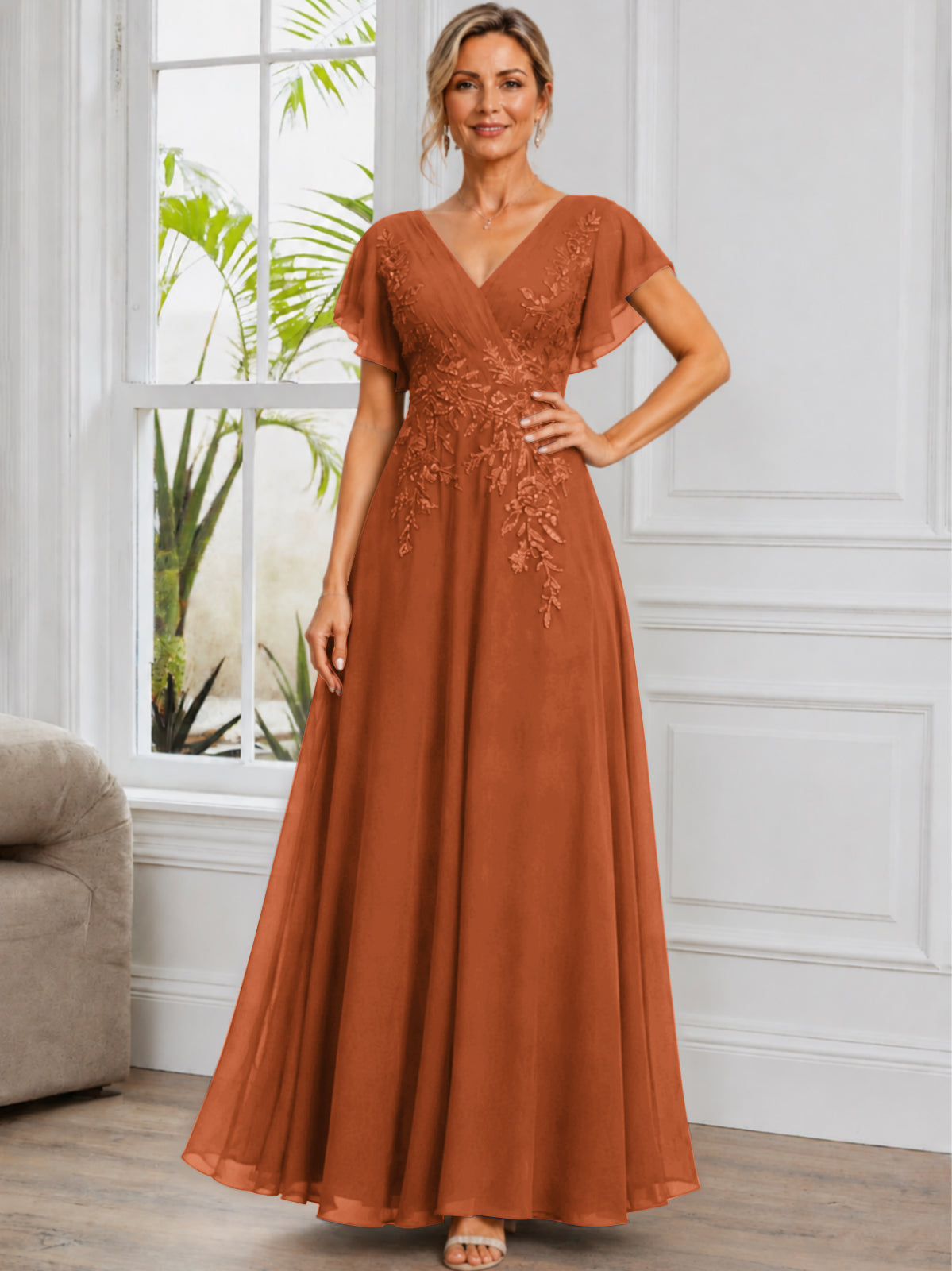 V-Neck Lace Applique Chiffon Long Mother of The Bride Dress