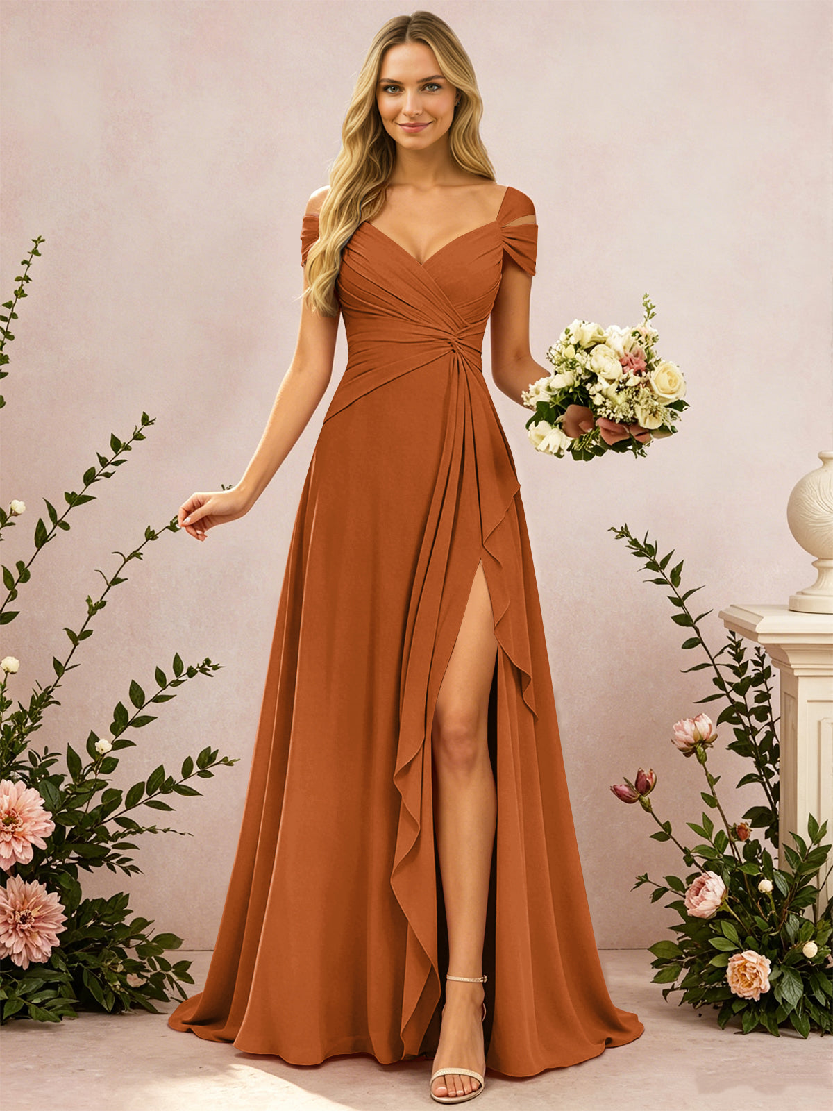 Cold Shoulder Pleated Chiffon Bridesmaid Dress with Side Slit