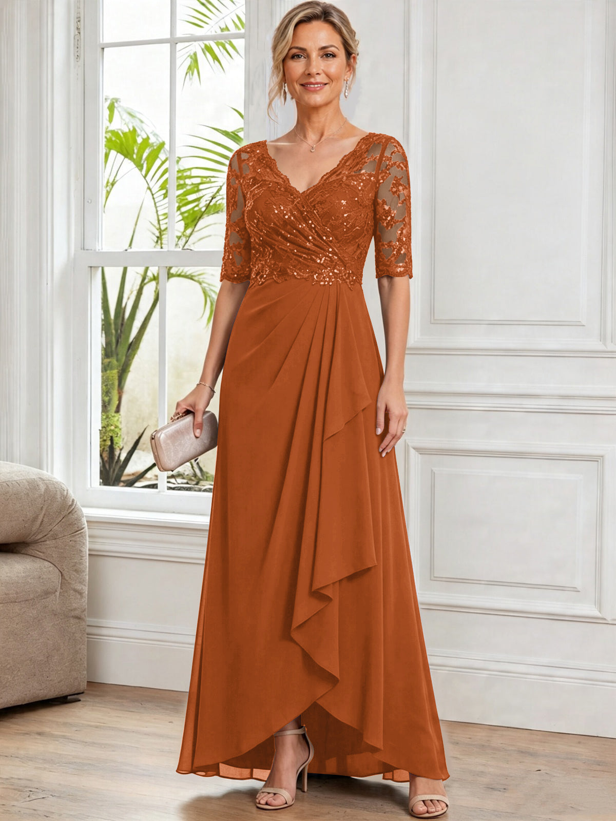 V Neck Half Sleeve Lace Applique Chiffon Mother of The Bride Dress