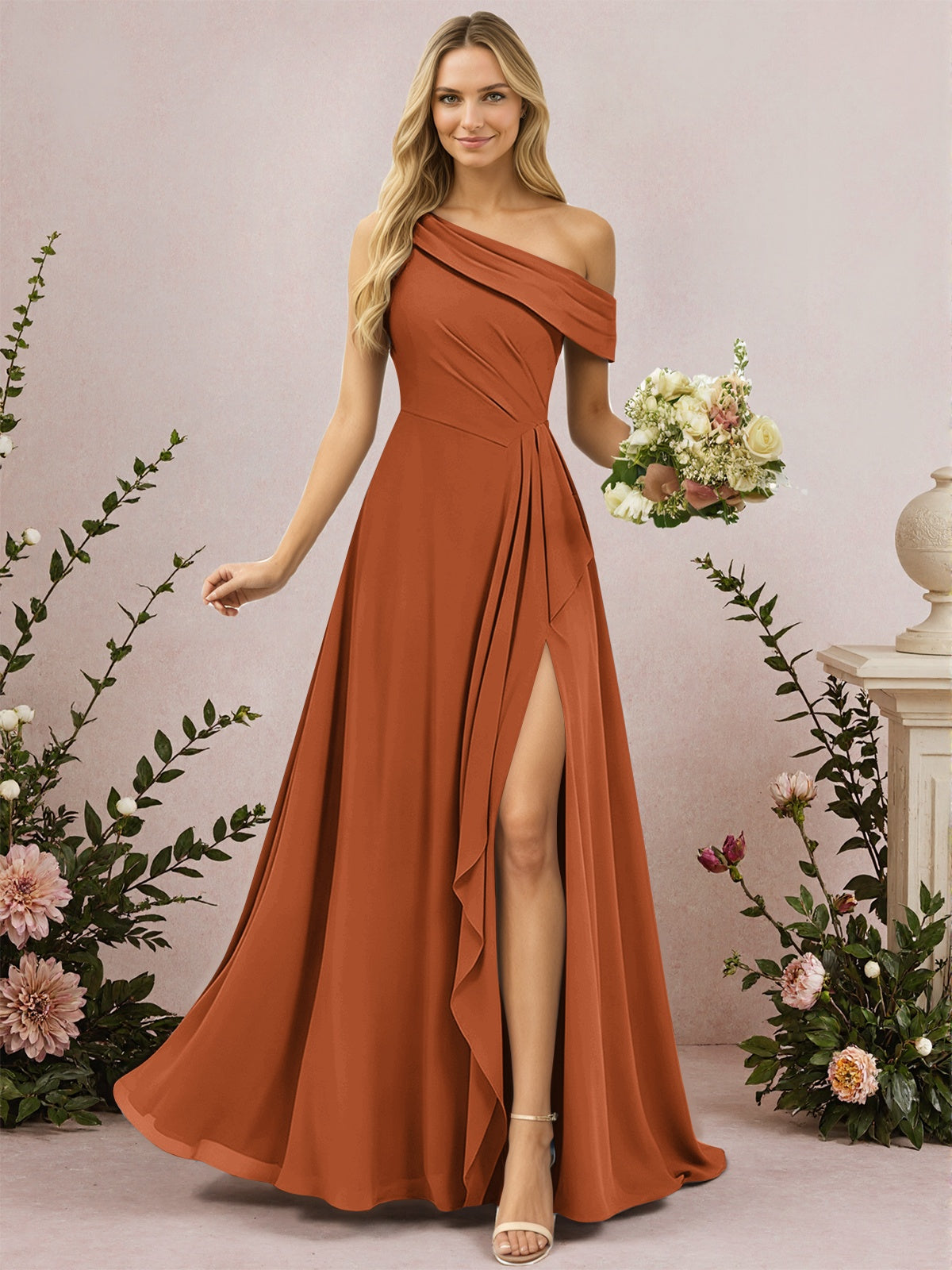 One Shoulder A-Line Chiffon Bridesmaid Dress with Slit