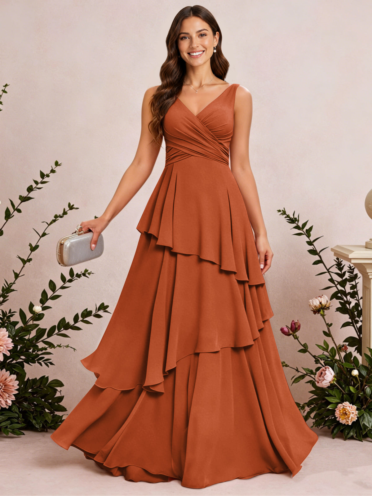 V Neck Tiered Ruffles Chiffon Long Bridesmaid Dress