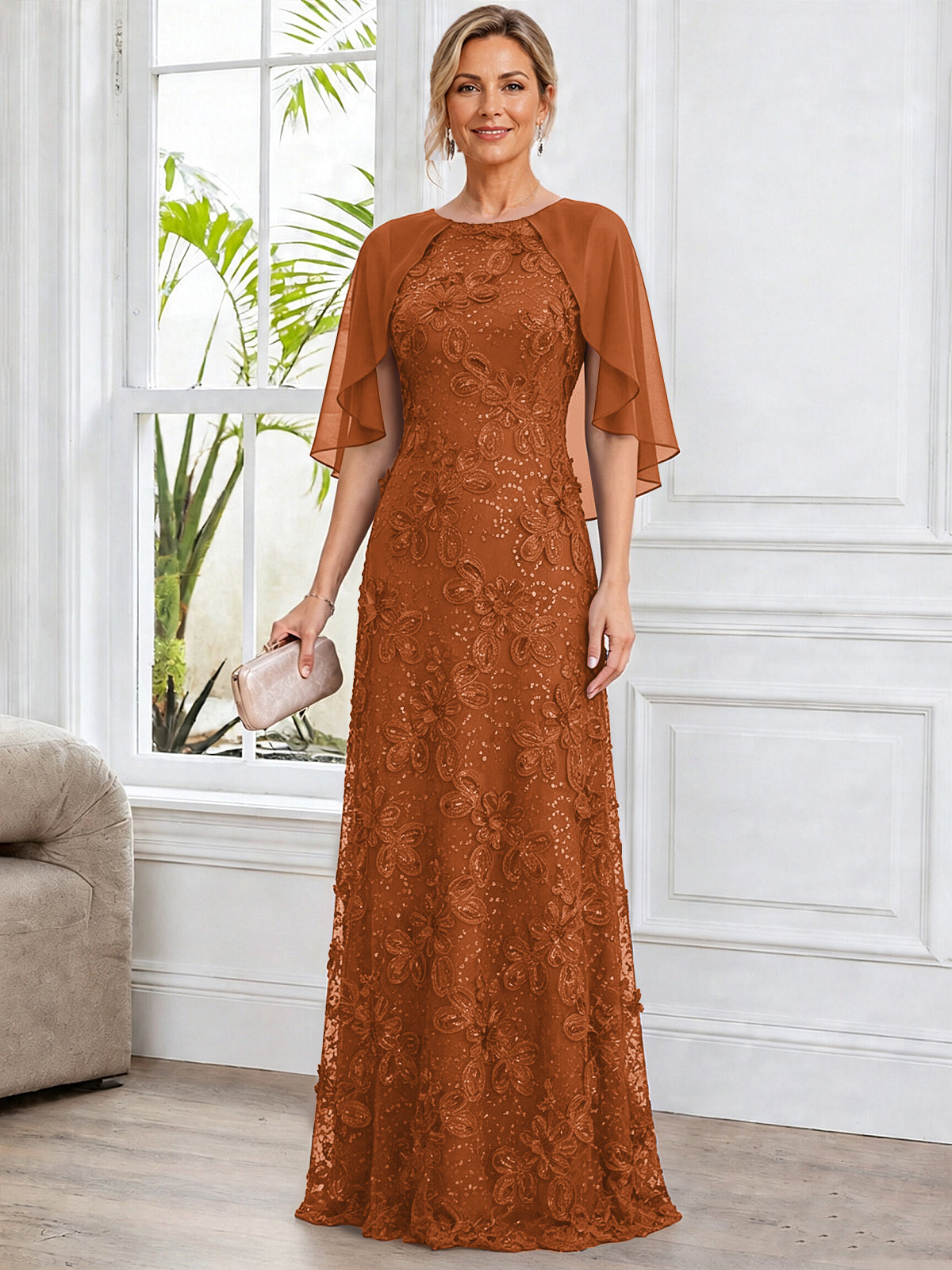 A-Line Lace Applique Scoop Neck Mother of The Bride Dress with Cape