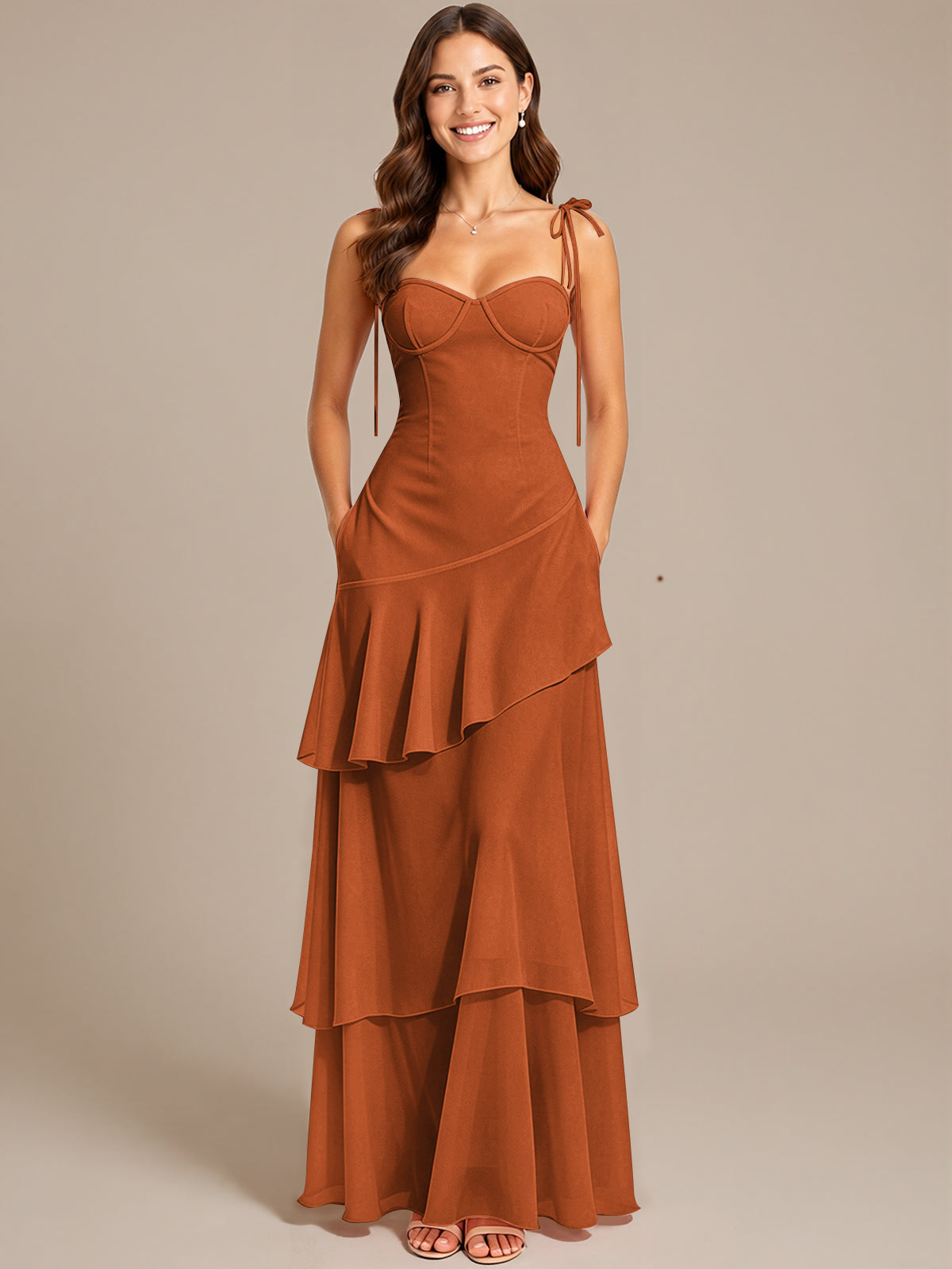 Spaghetti Strap Tiered Ruffles Chiffon Prom Dress