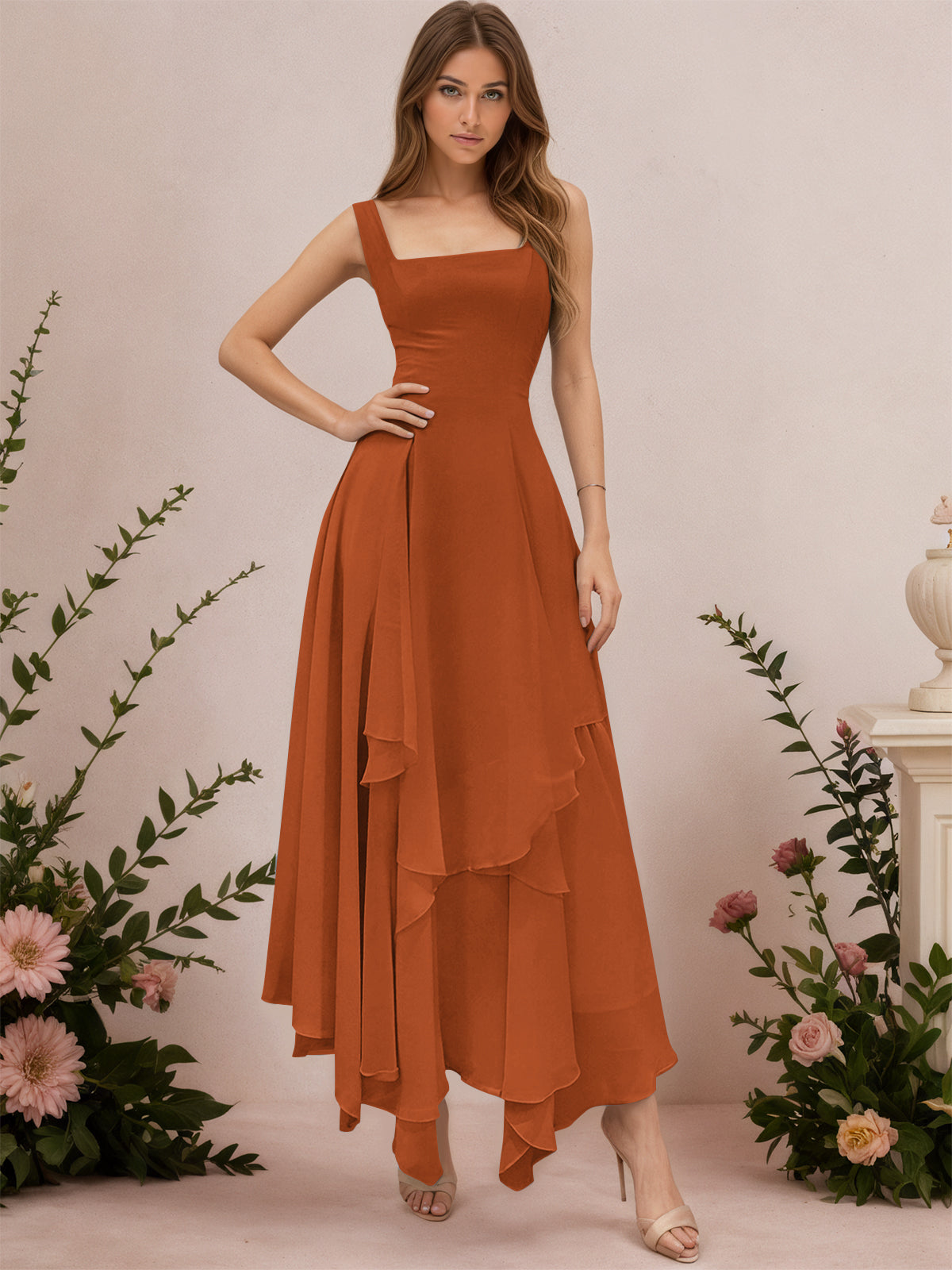 A-Line Tiered Ruffles Chiffon Bridesmaid Dress