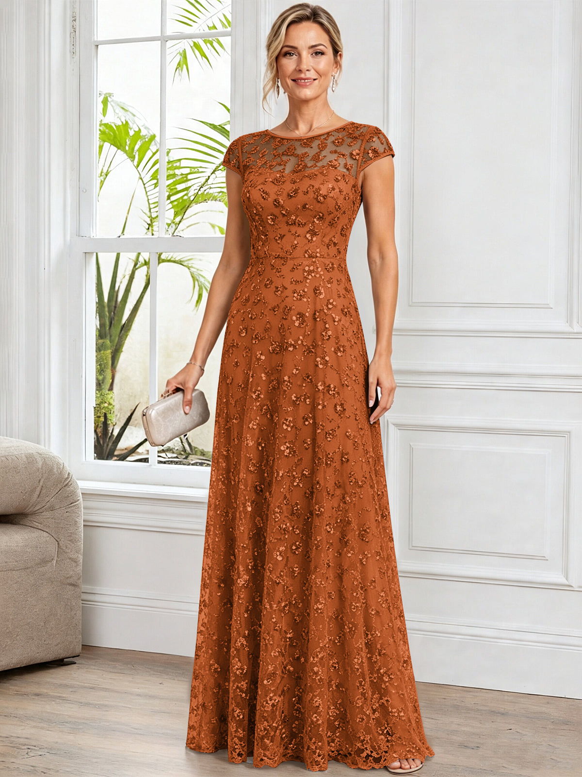 A-Line Illusion Scoop Neck Tulle Mother of The Bride Dress with Beads