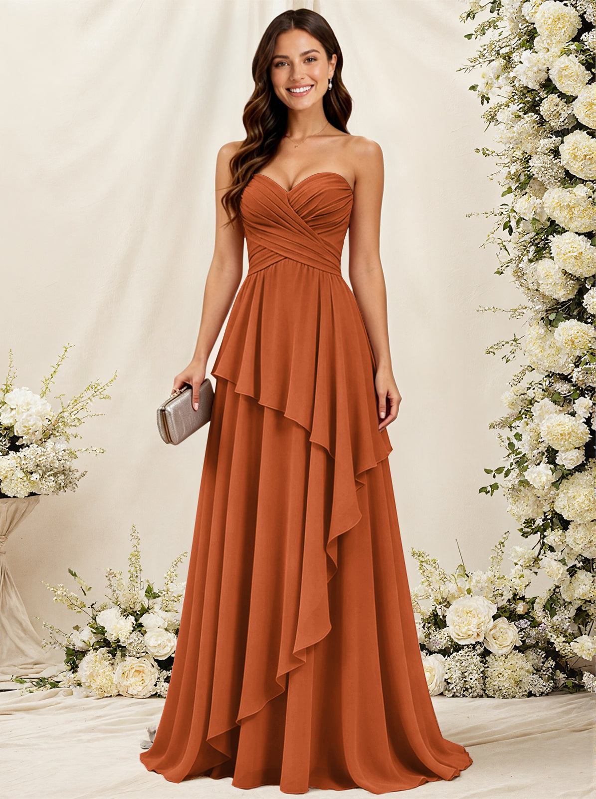 Strapless Sweetheart Neck Chiffon Bridesmaid Dress with Tiered Ruffles