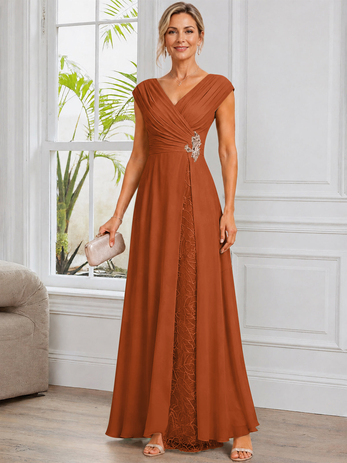 Cap Sleeve Leaf Lace Chiffon Long Mother of The Bride Dress with Beads