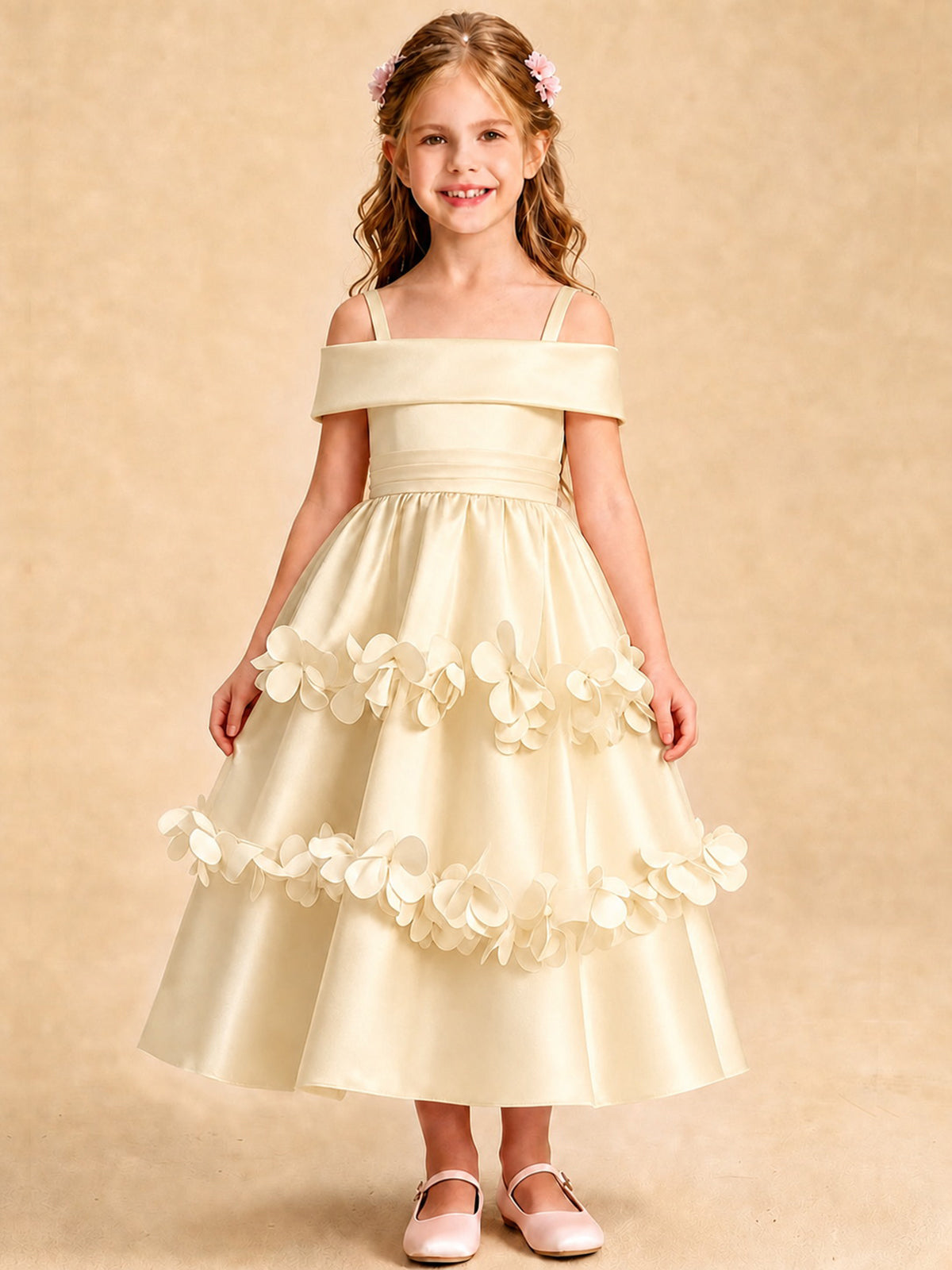 Blush Pink 3D Floral Satin Off Shoulder Flower Girl Dress