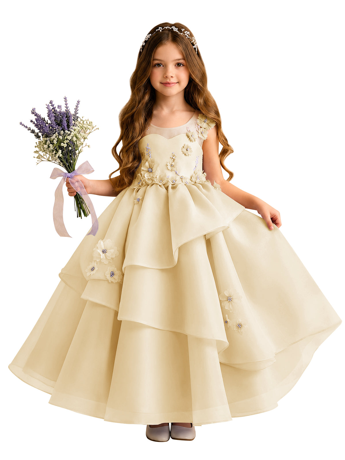 Lilac Oganza Flower Girl Dress with Sweetheart Neckline