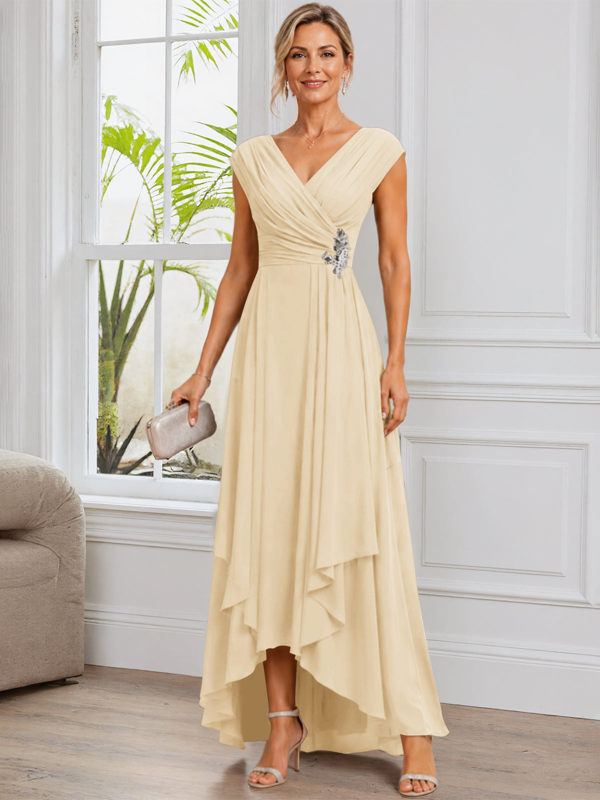 A-Line Cap Sleeve Chiffon Mother of The Bride Dress