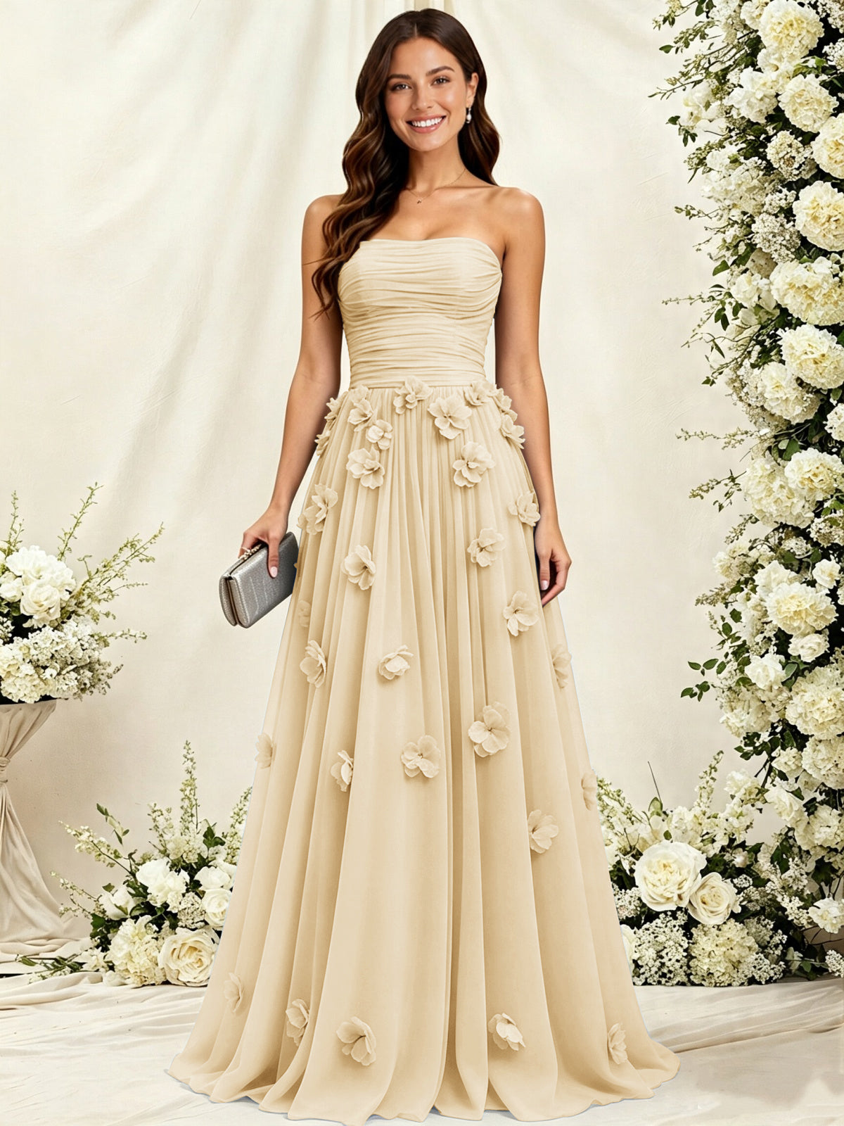A-Line Strapless Pleated Tulle Bridesmaid Dress with 3D Floral Appliques