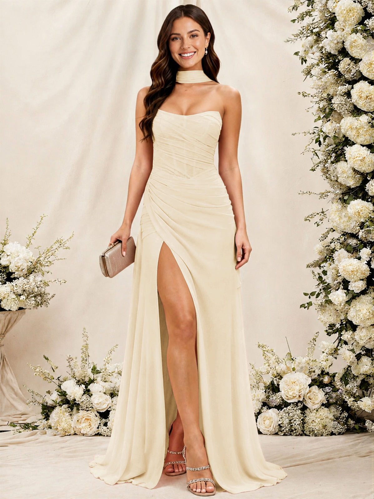 Strapless Ruched Chiffon Bridesmaid Dress with Scarf