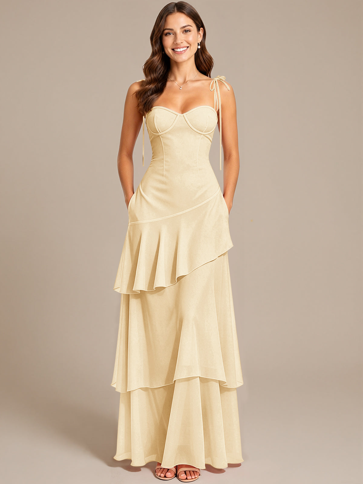 Spaghetti Strap Tiered Ruffles Chiffon Prom Dress