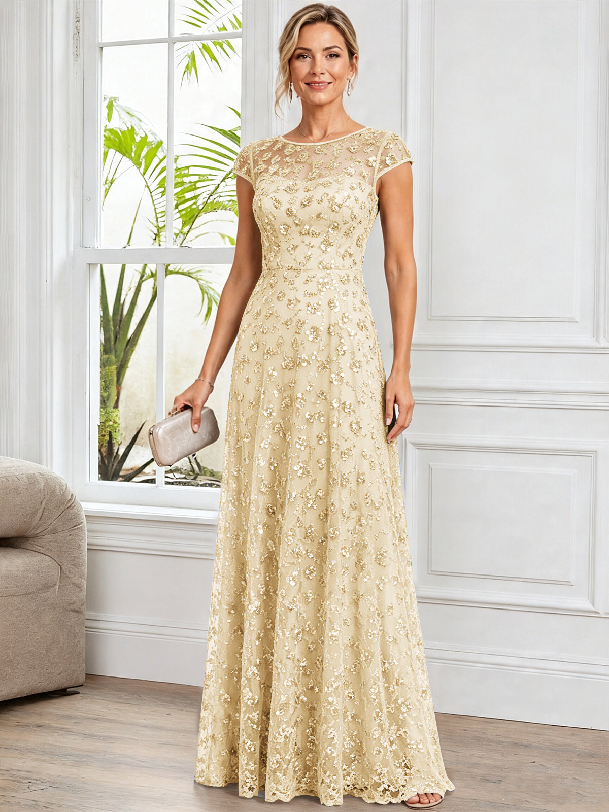 A-Line Illusion Scoop Neck Tulle Mother of The Bride Dress with Beads