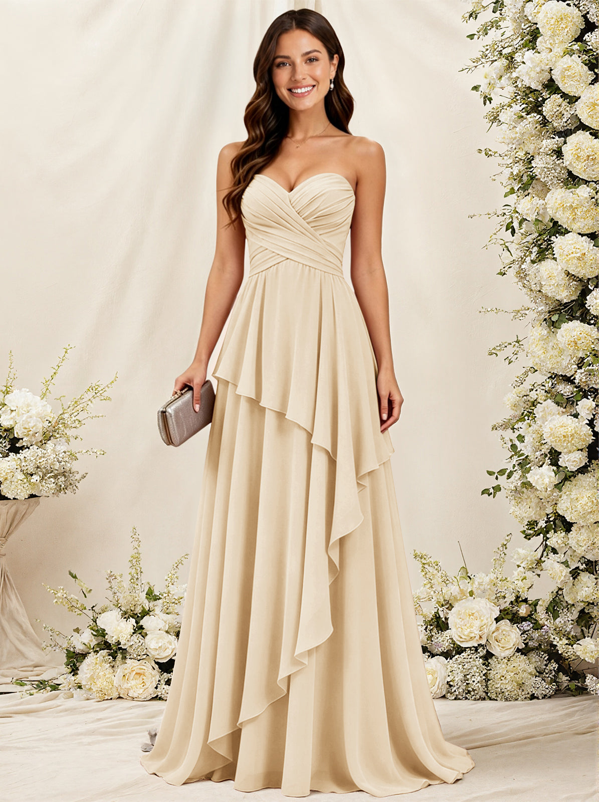 Strapless Sweetheart Neck Chiffon Bridesmaid Dress with Tiered Ruffles