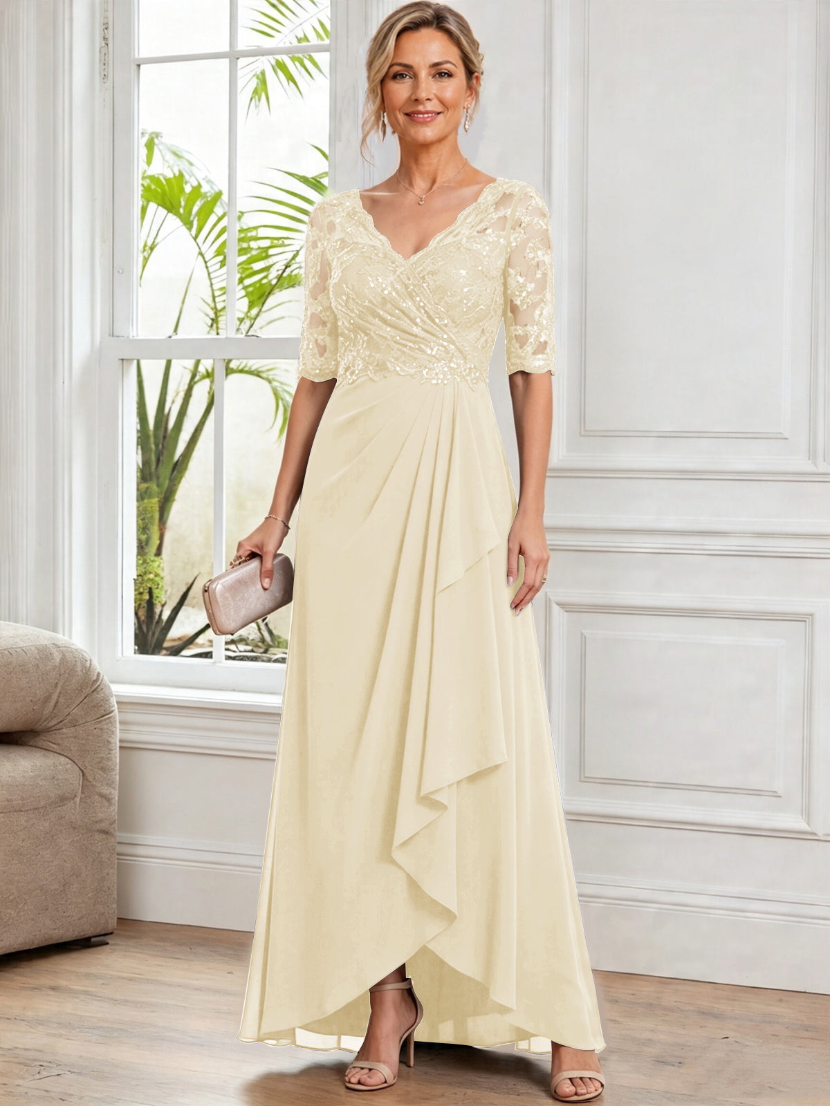 V Neck Half Sleeve Lace Applique Chiffon Mother of The Bride Dress