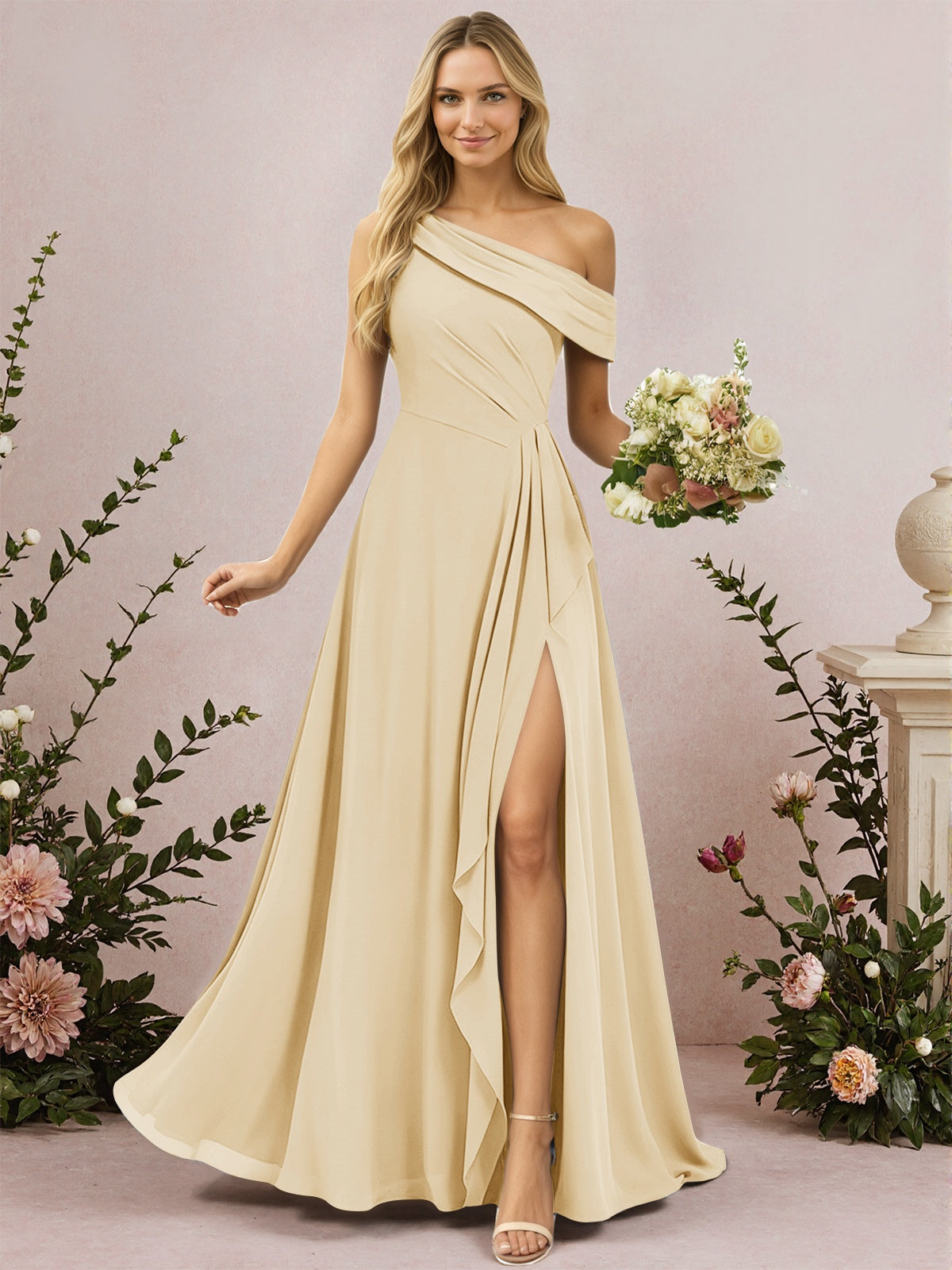 One Shoulder A-Line Chiffon Bridesmaid Dress with Slit