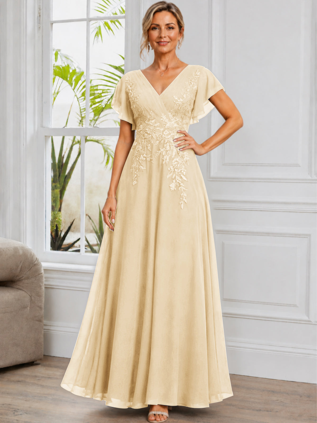 V-Neck Lace Applique Chiffon Long Mother of The Bride Dress