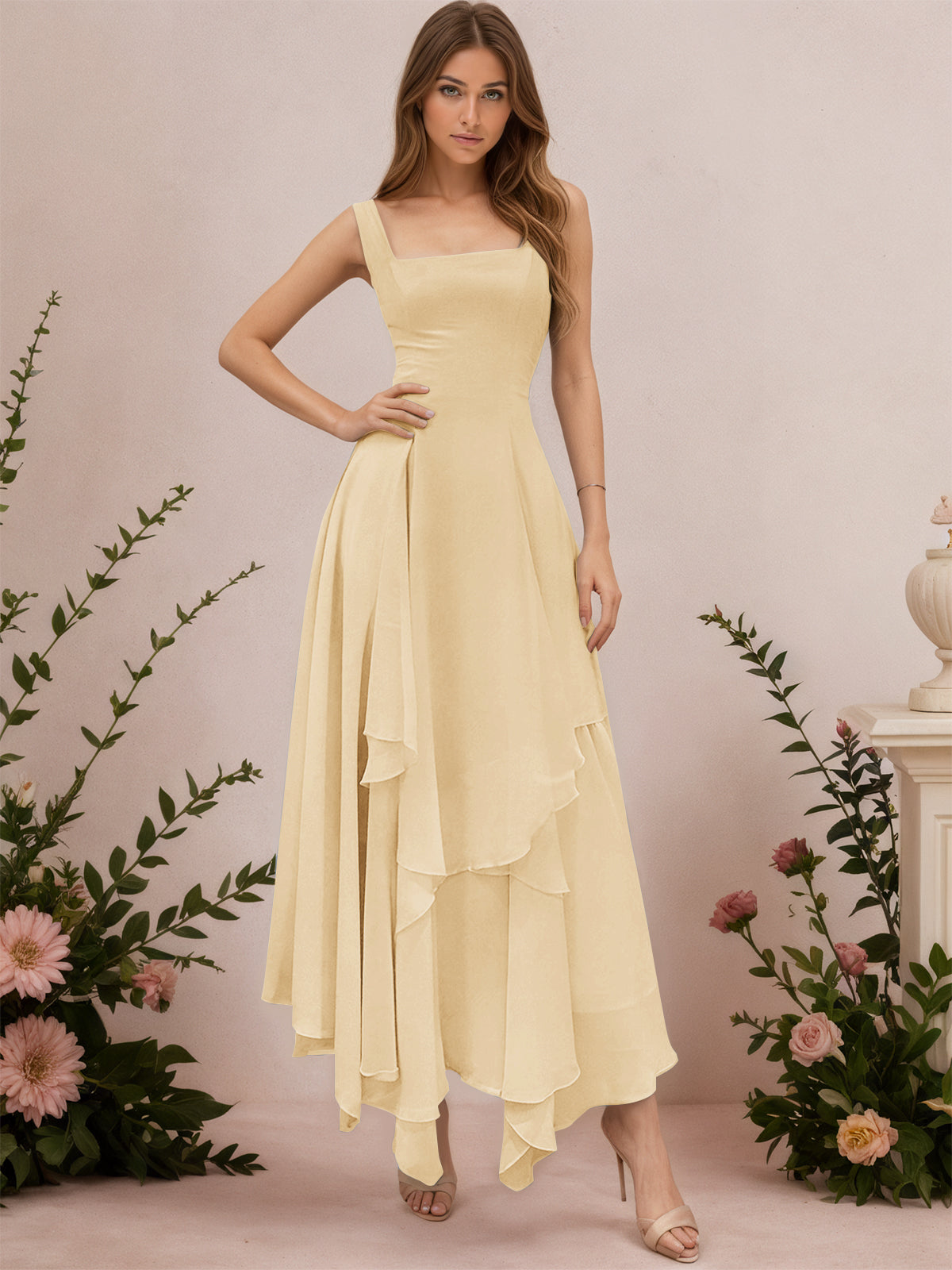 A-Line Tiered Ruffles Chiffon Bridesmaid Dress