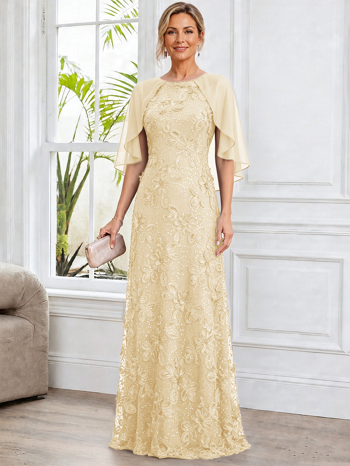 A-Line Lace Applique Scoop Neck Mother of The Bride Dress with Cape