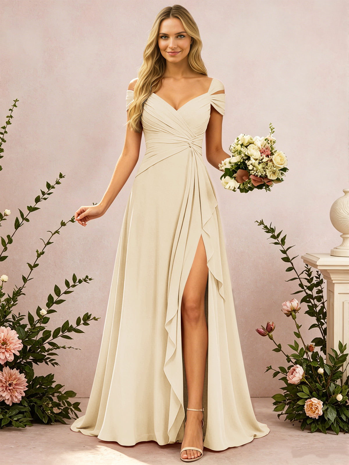 Cold Shoulder Pleated Chiffon Bridesmaid Dress with Side Slit