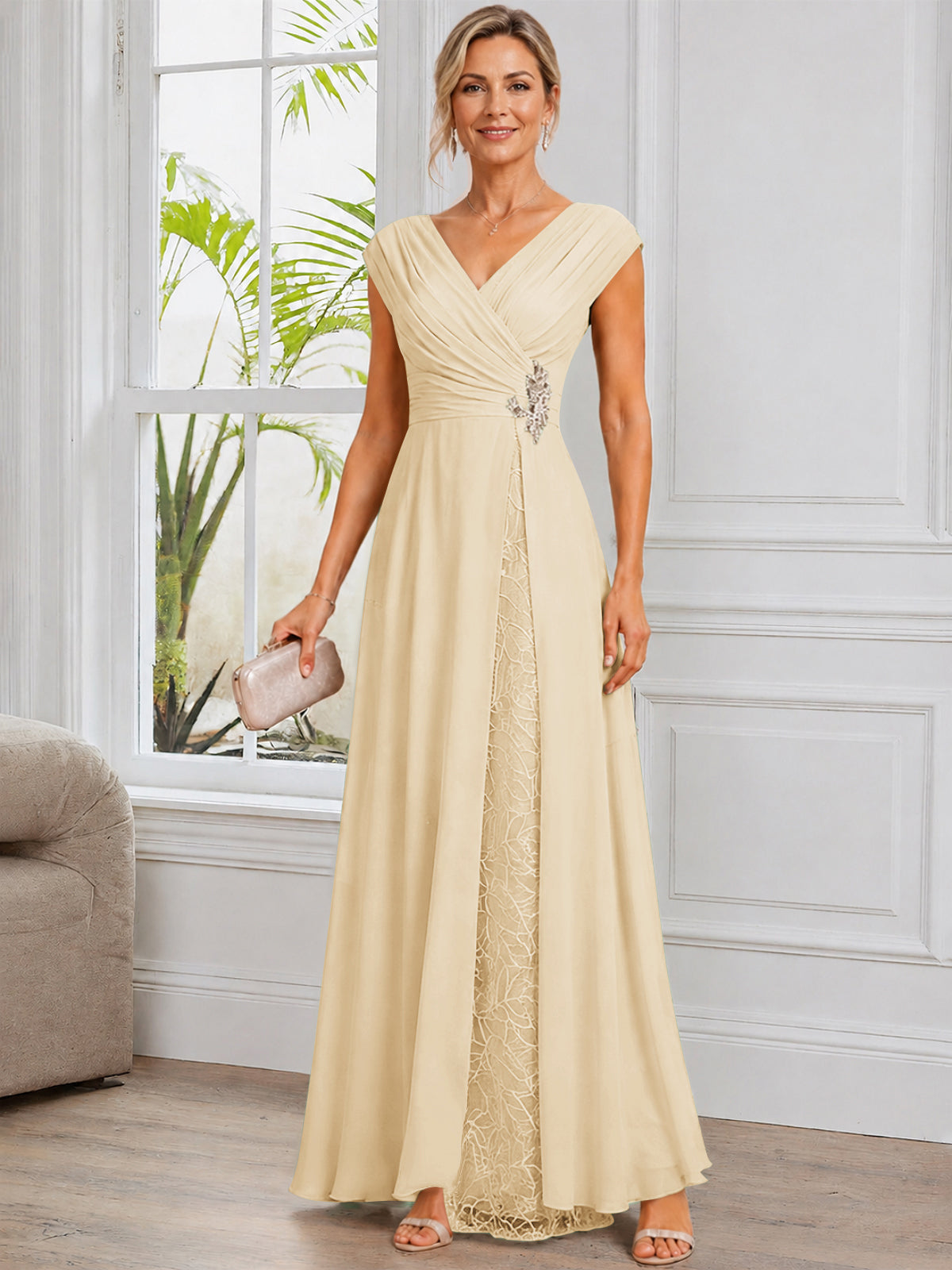 Cap Sleeve Leaf Lace Chiffon Long Mother of The Bride Dress with Beads