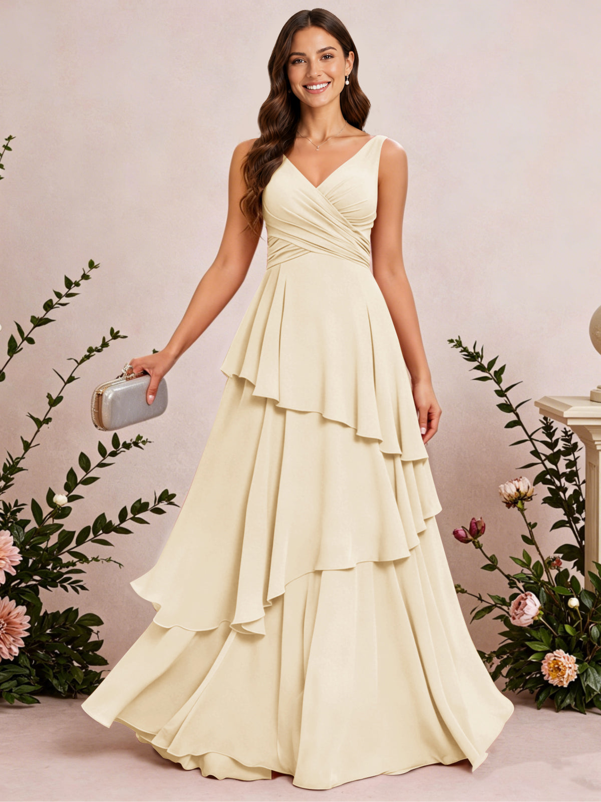 V Neck Tiered Ruffles Chiffon Long Bridesmaid Dress