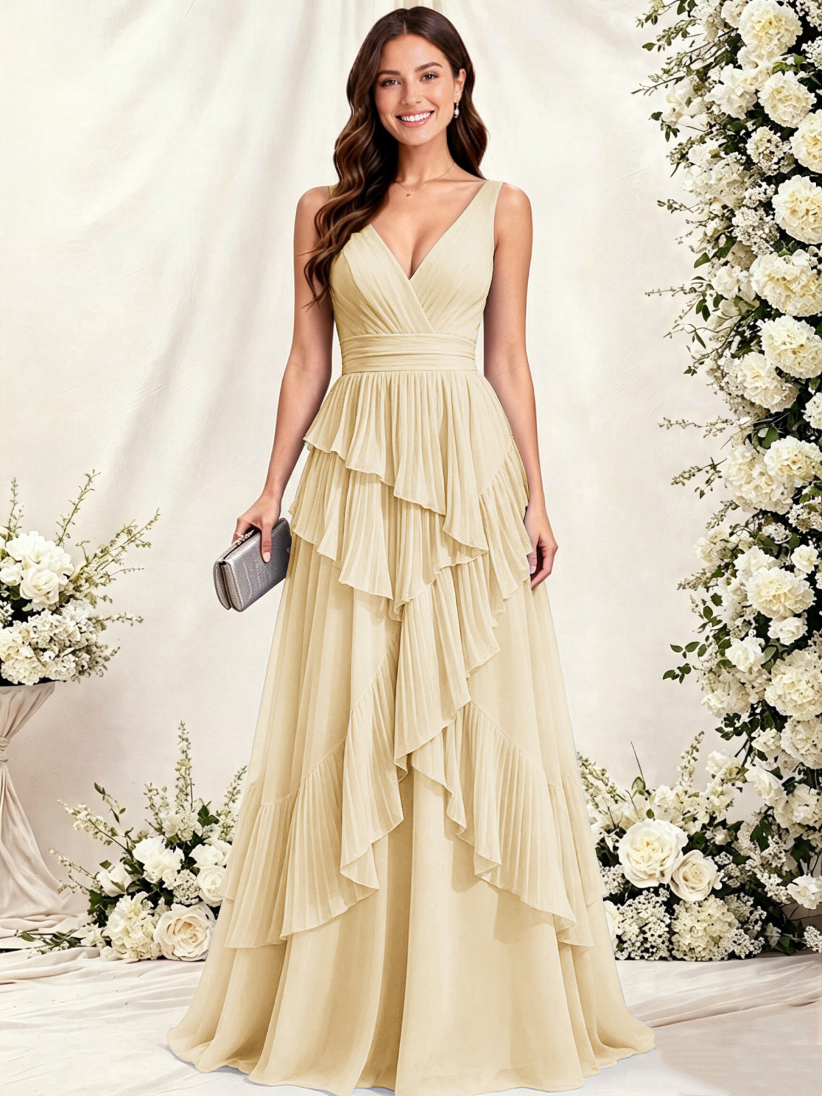 V Neck Tiered Ruffles A-Line Chiffon Bridesmaid Dress