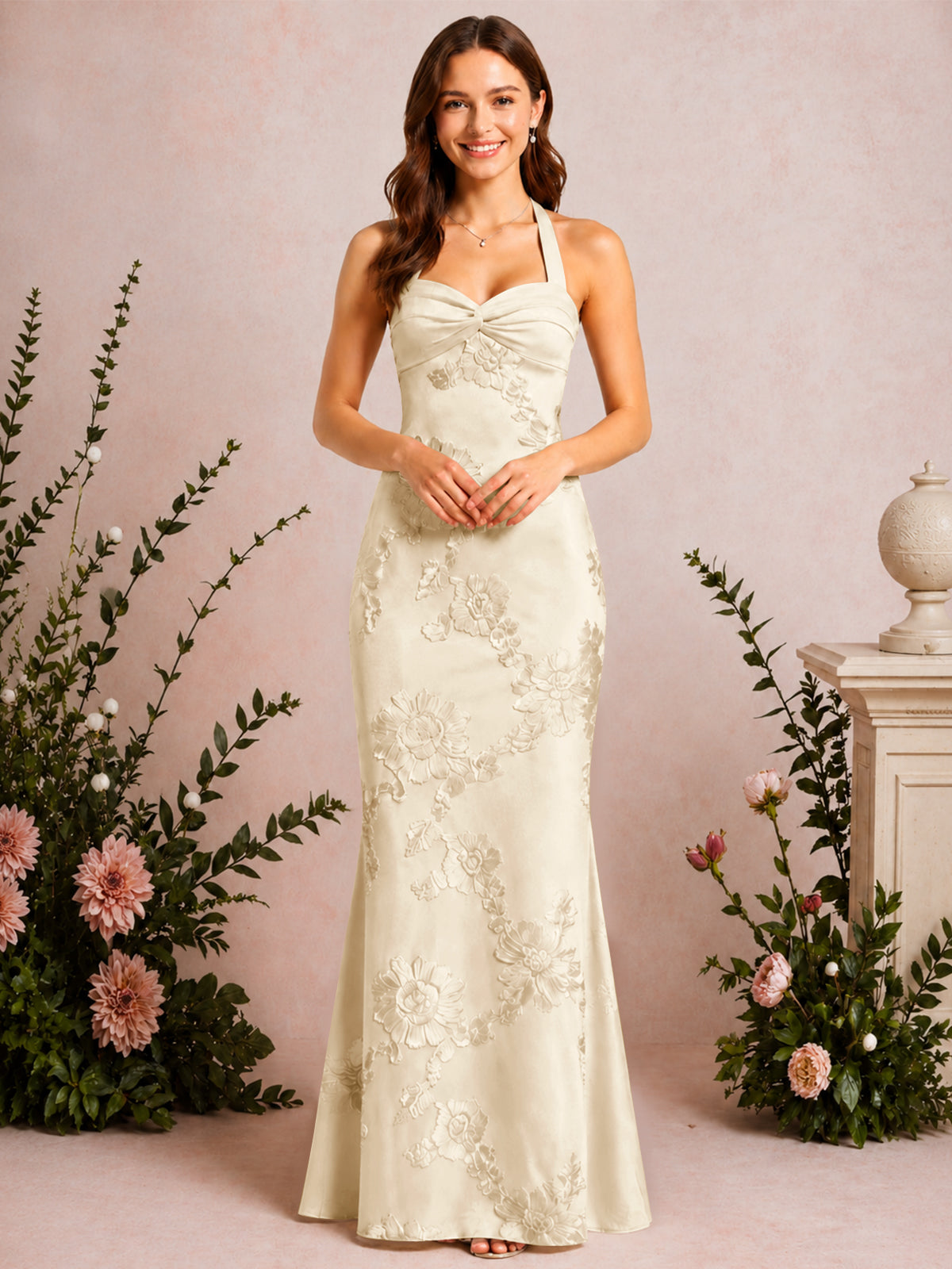 Halter Mermaid Floral Embroidery Long Prom Dress