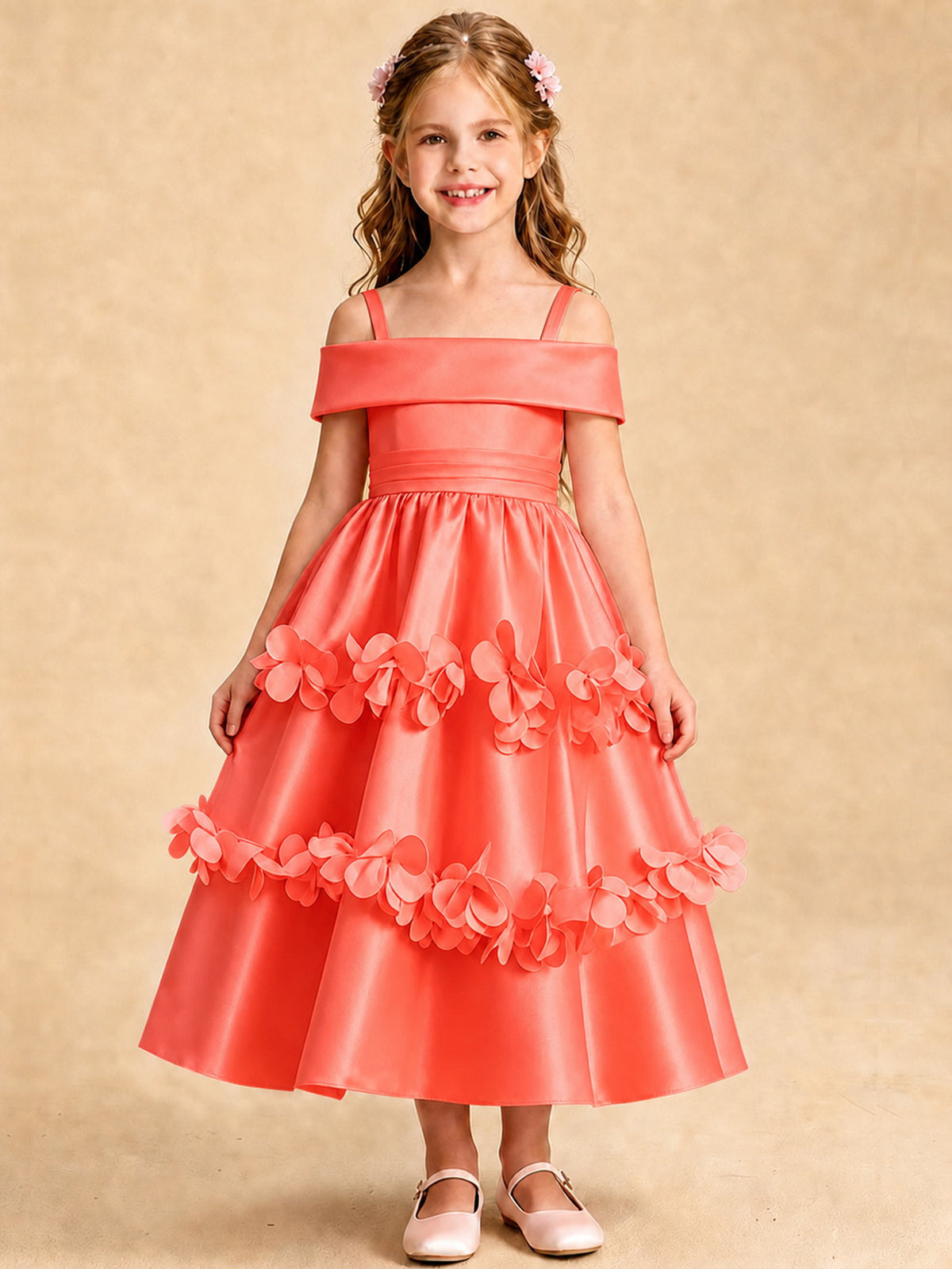Blush Pink 3D Floral Satin Off Shoulder Flower Girl Dress