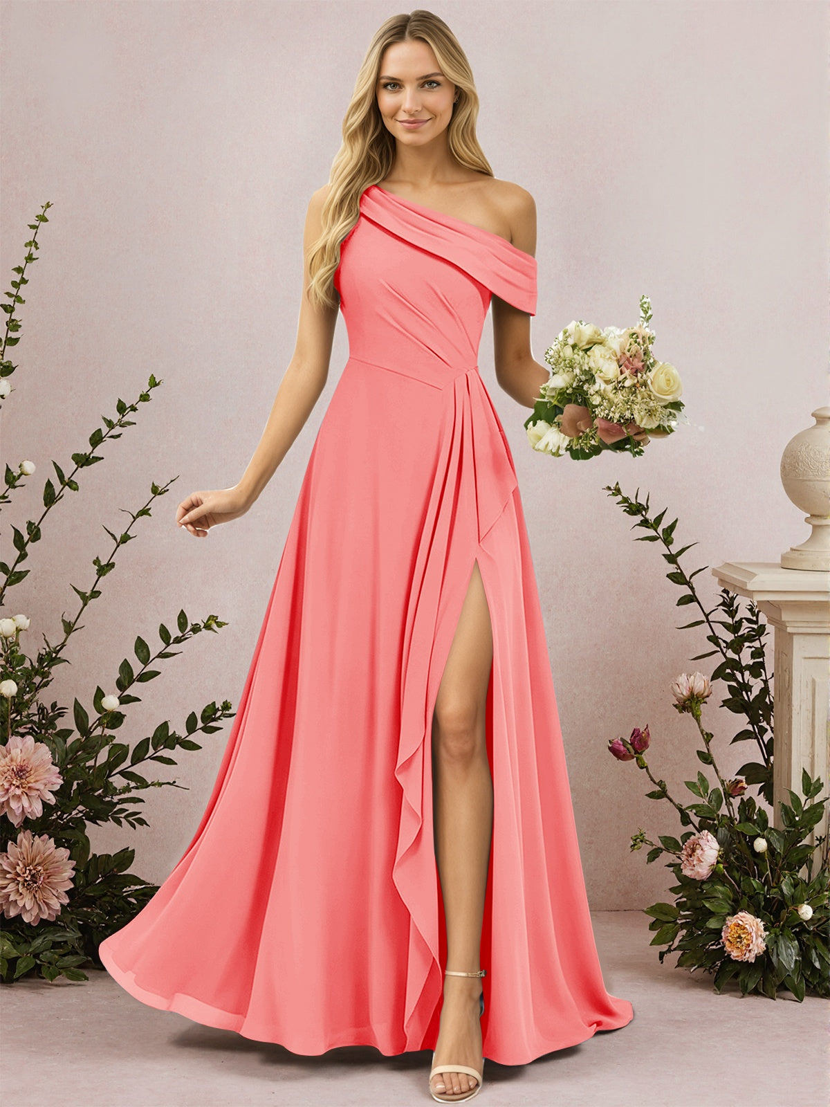 One Shoulder A-Line Chiffon Bridesmaid Dress with Slit