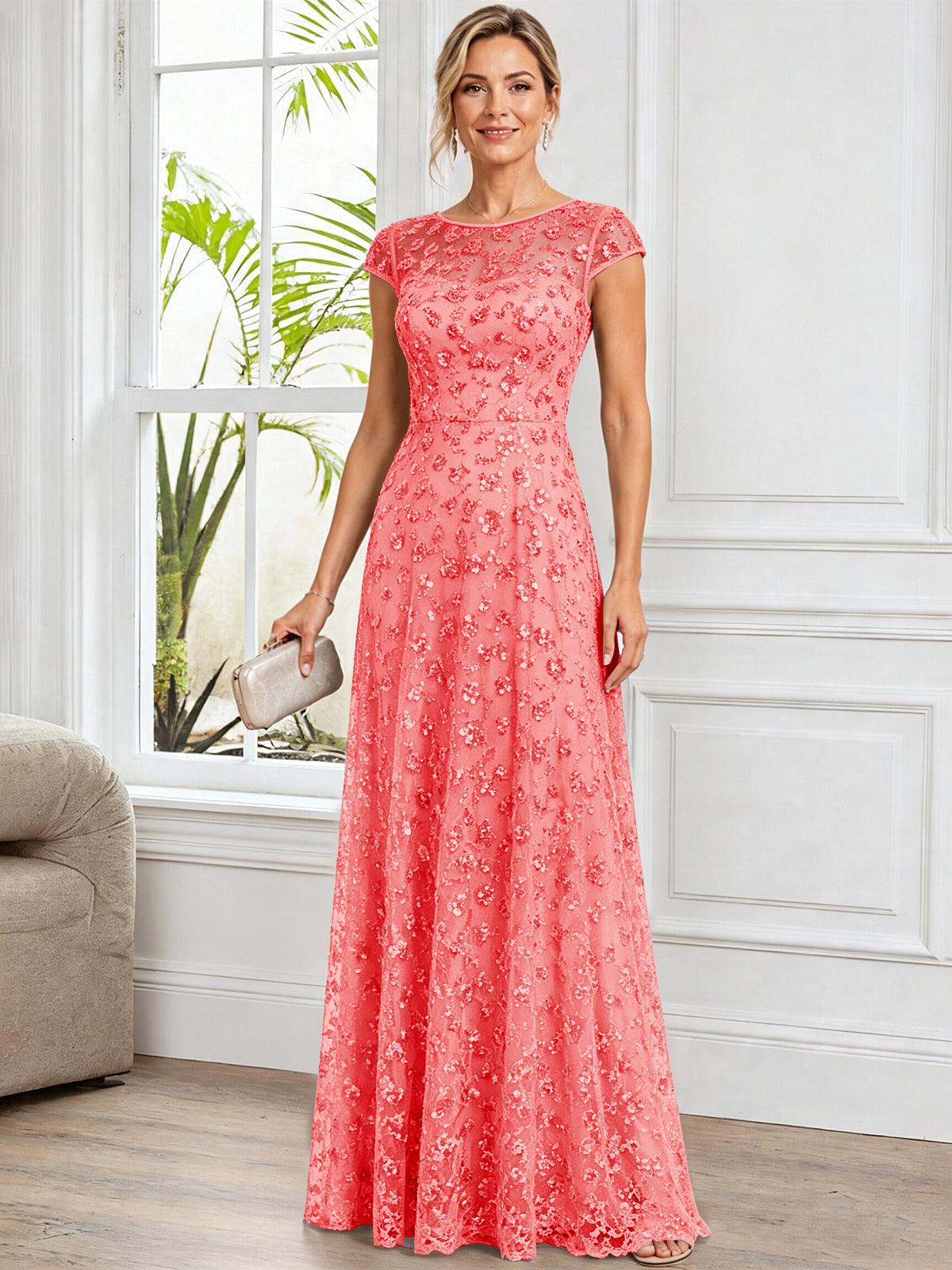A-Line Illusion Scoop Neck Tulle Mother of The Bride Dress with Beads