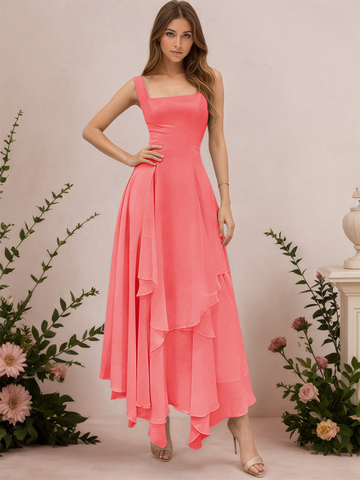 A-Line Tiered Ruffles Chiffon Bridesmaid Dress