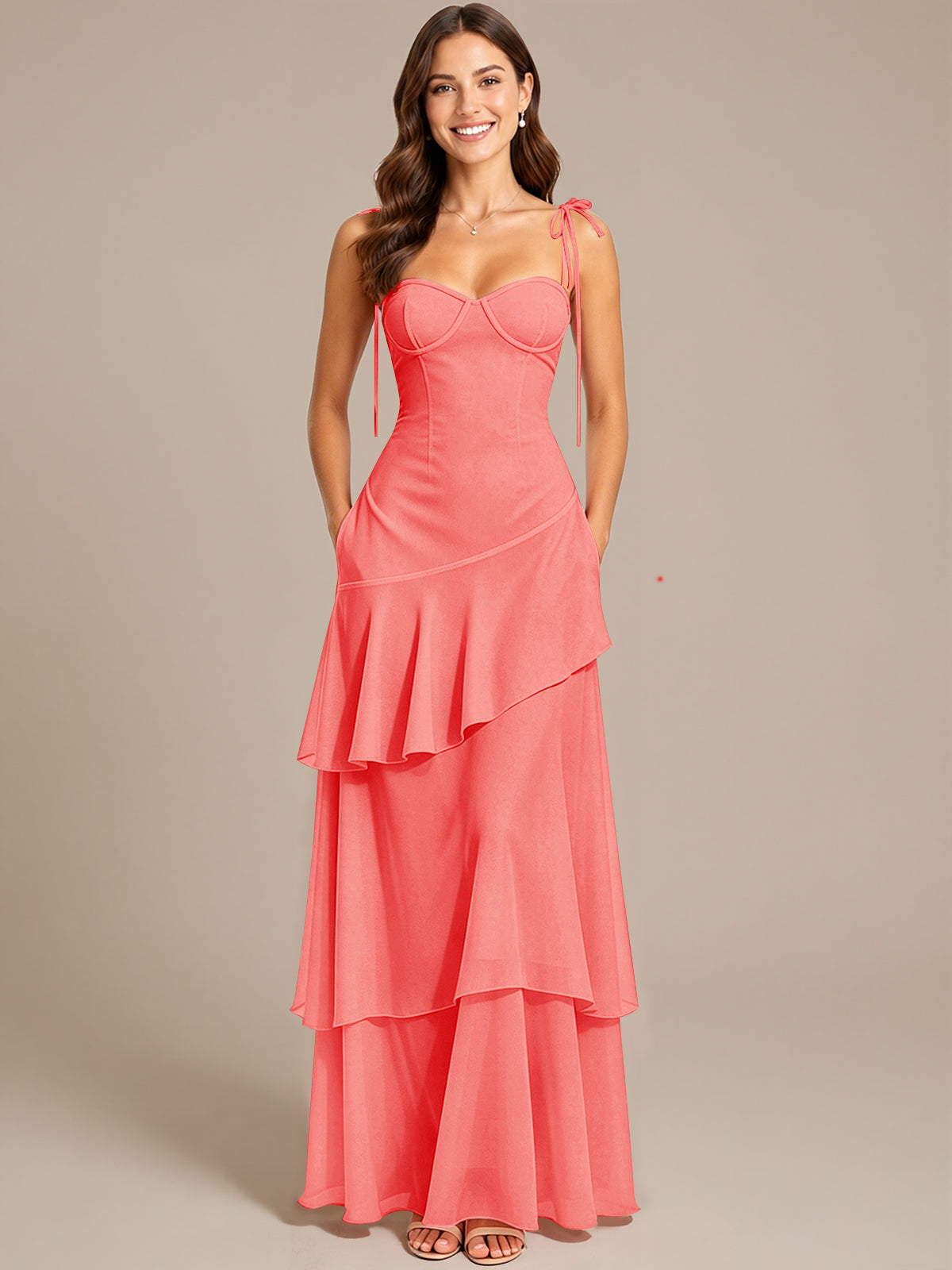 Spaghetti Strap Tiered Ruffles Chiffon Prom Dress
