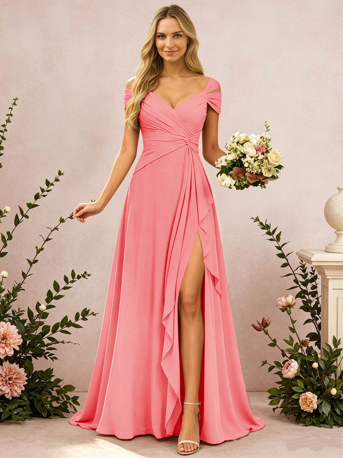 Cold Shoulder Pleated Chiffon Bridesmaid Dress with Side Slit