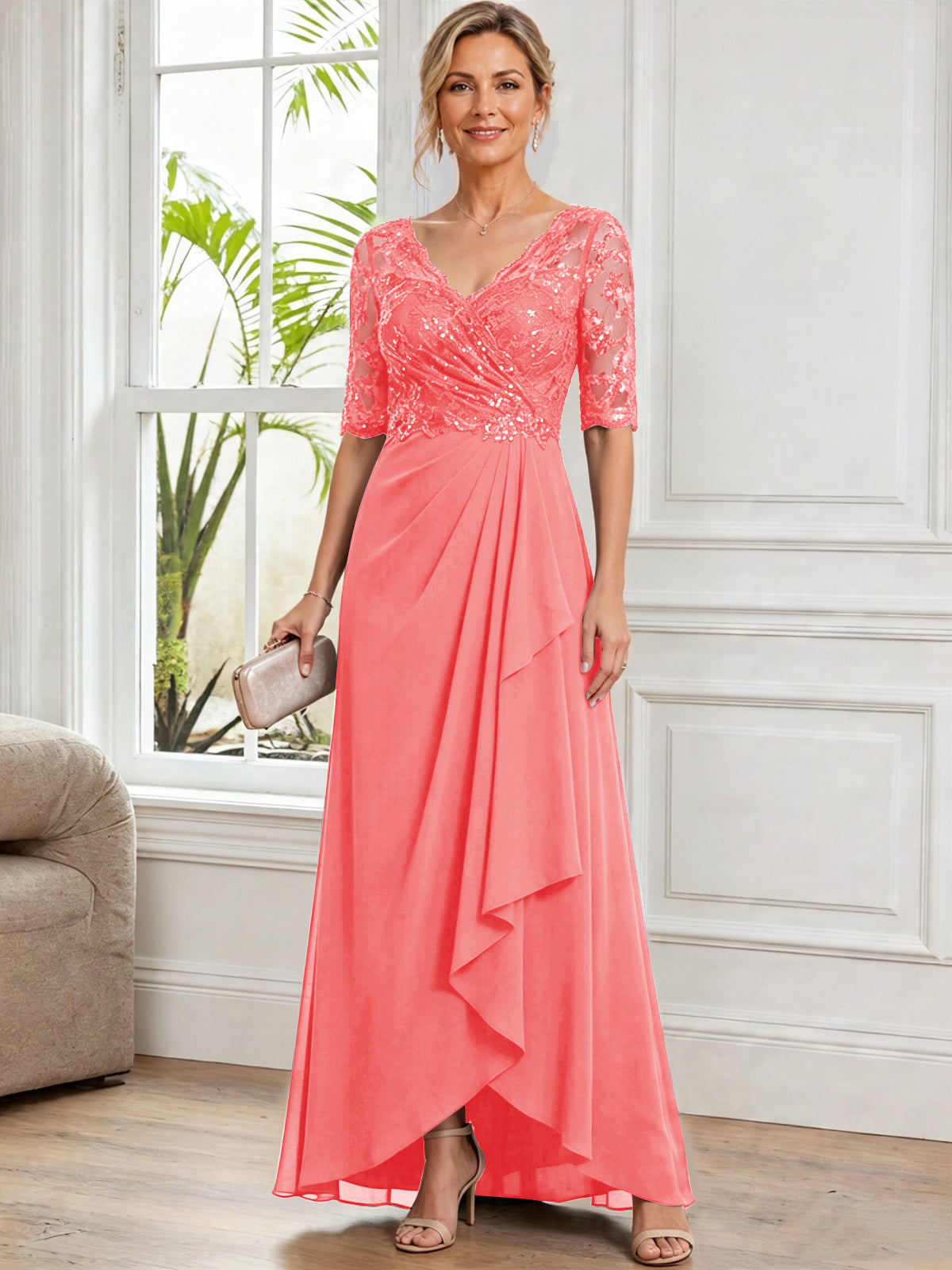 V Neck Half Sleeve Lace Applique Chiffon Mother of The Bride Dress