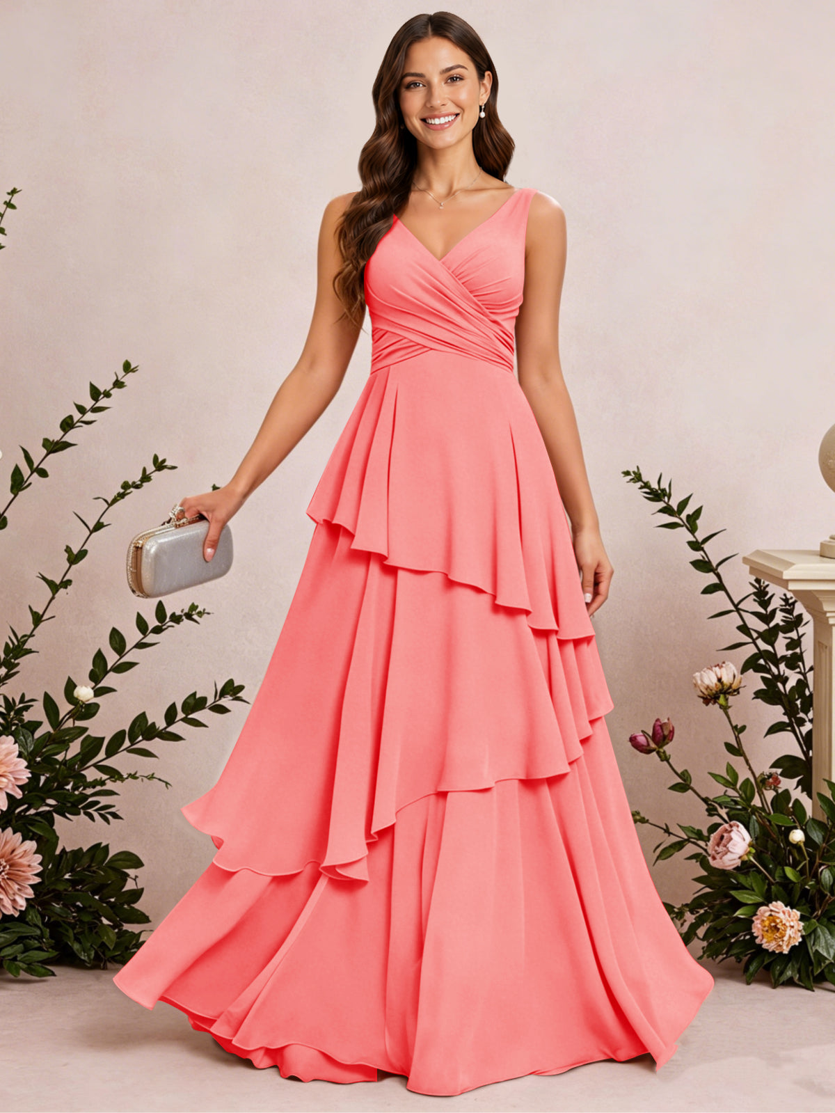 V Neck Tiered Ruffles Chiffon Long Bridesmaid Dress
