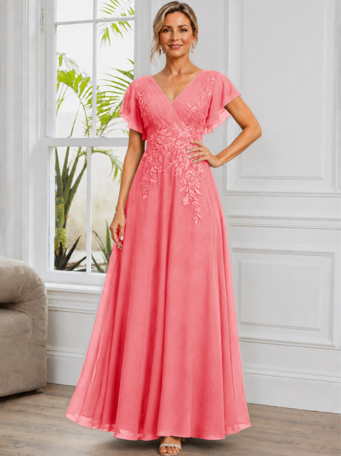 V-Neck Lace Applique Chiffon Long Mother of The Bride Dress