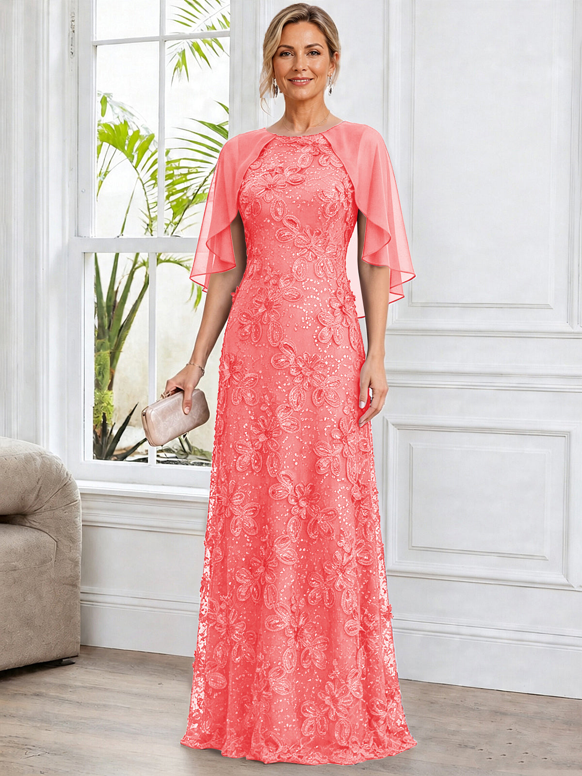 A-Line Lace Applique Scoop Neck Mother of The Bride Dress with Cape