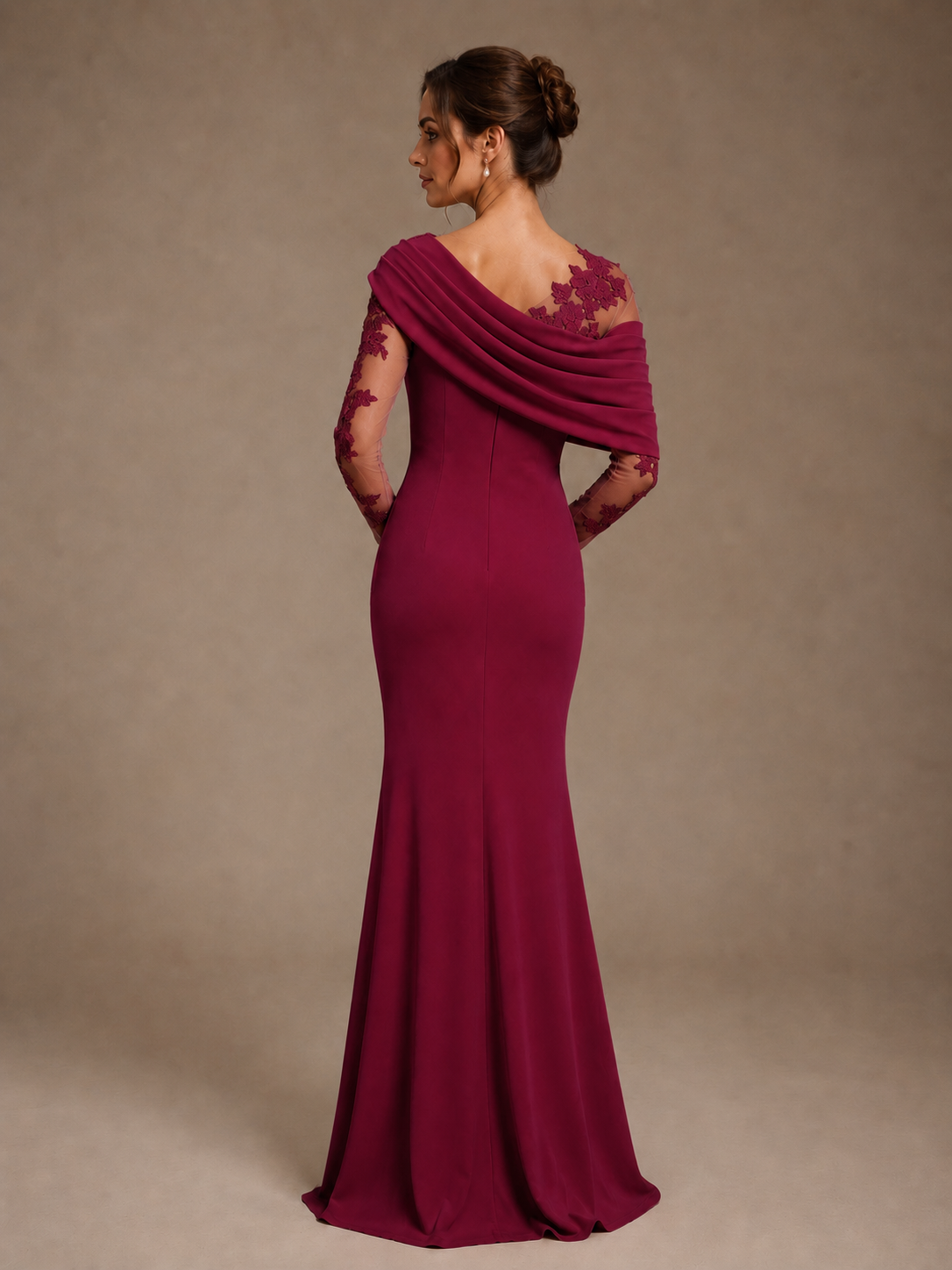 Dusty Rose Illusion Long Sleeve Chiffon Applique Mother of The Bride Dress