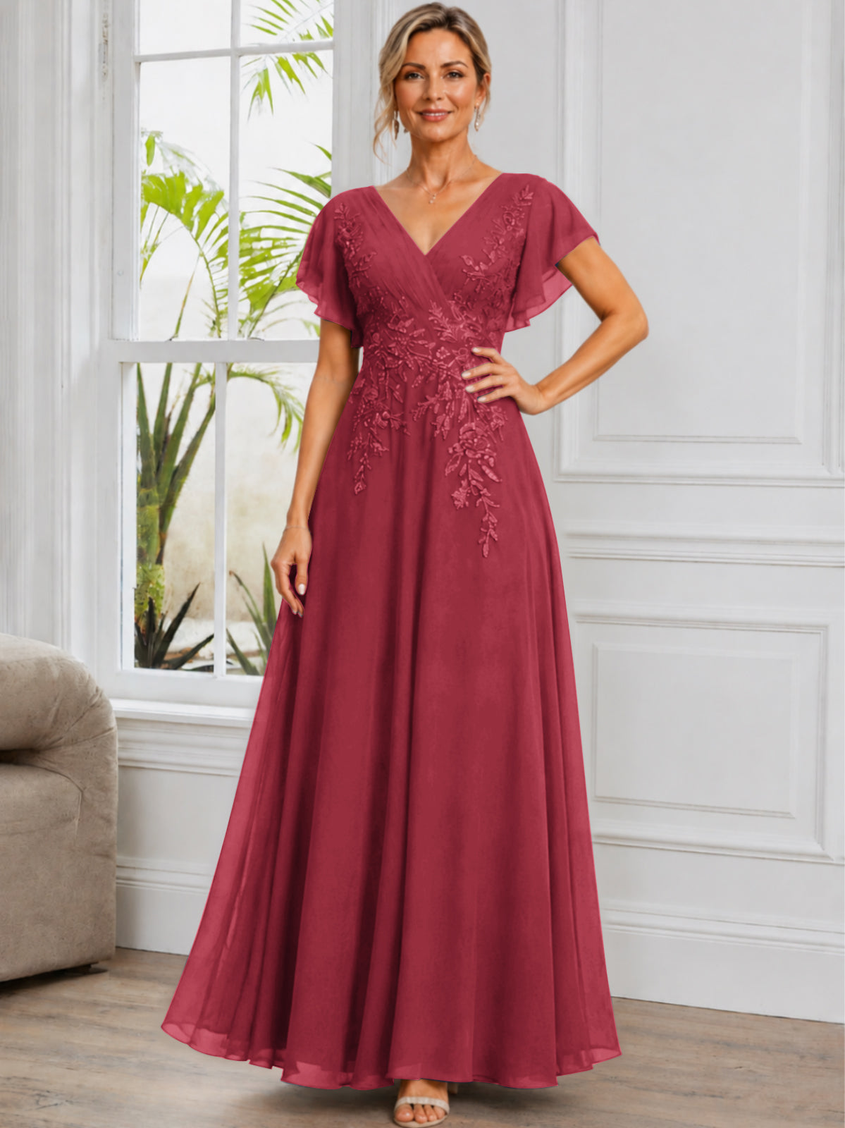 V-Neck Lace Applique Chiffon Long Mother of The Bride Dress