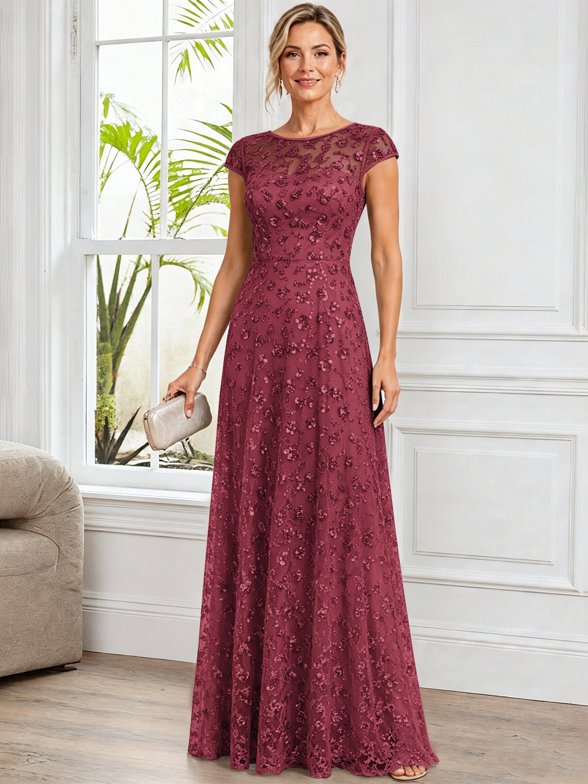 A-Line Illusion Scoop Neck Tulle Mother of The Bride Dress with Beads