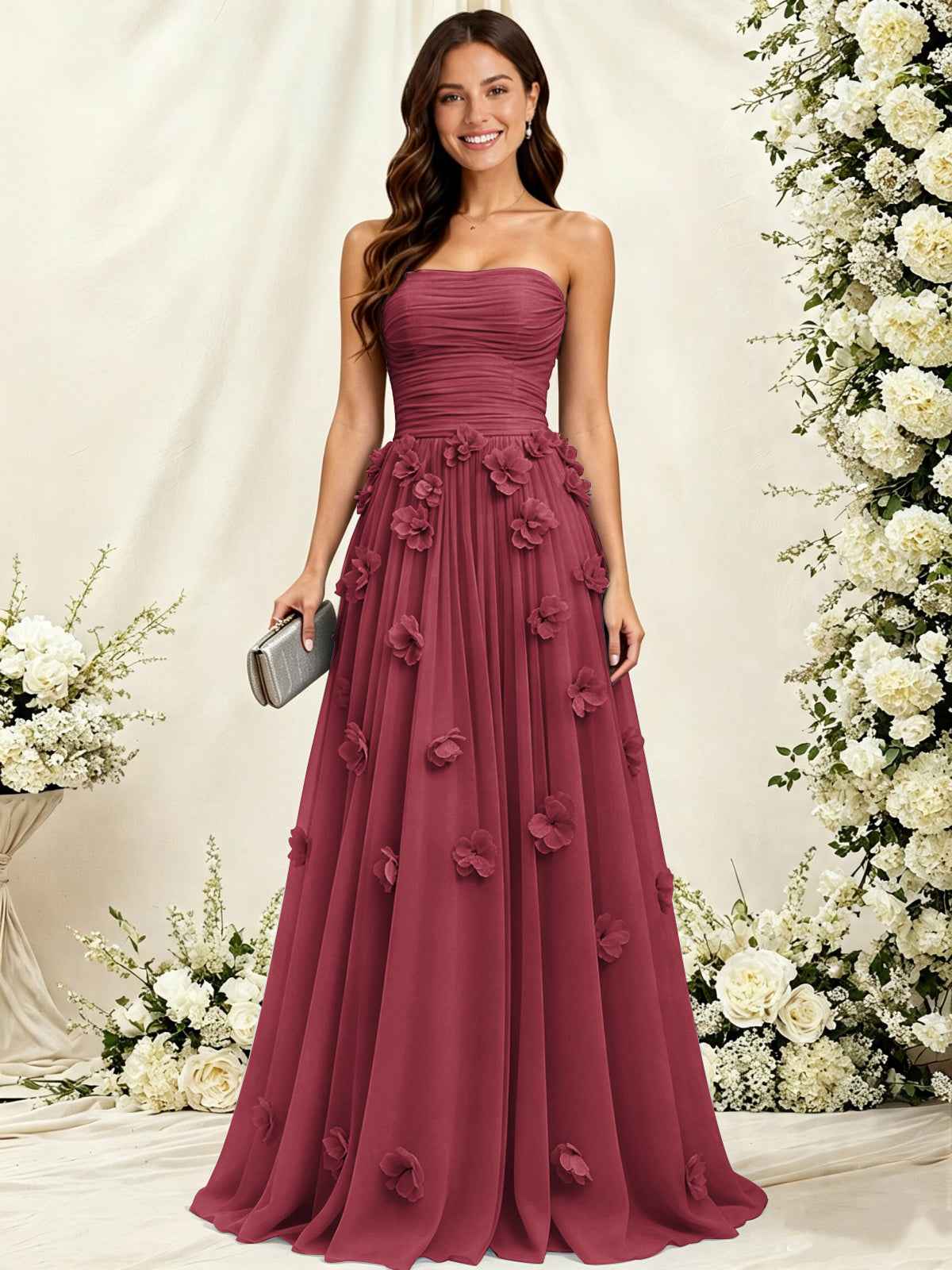 A-Line Strapless Pleated Tulle Bridesmaid Dress with 3D Floral Appliques