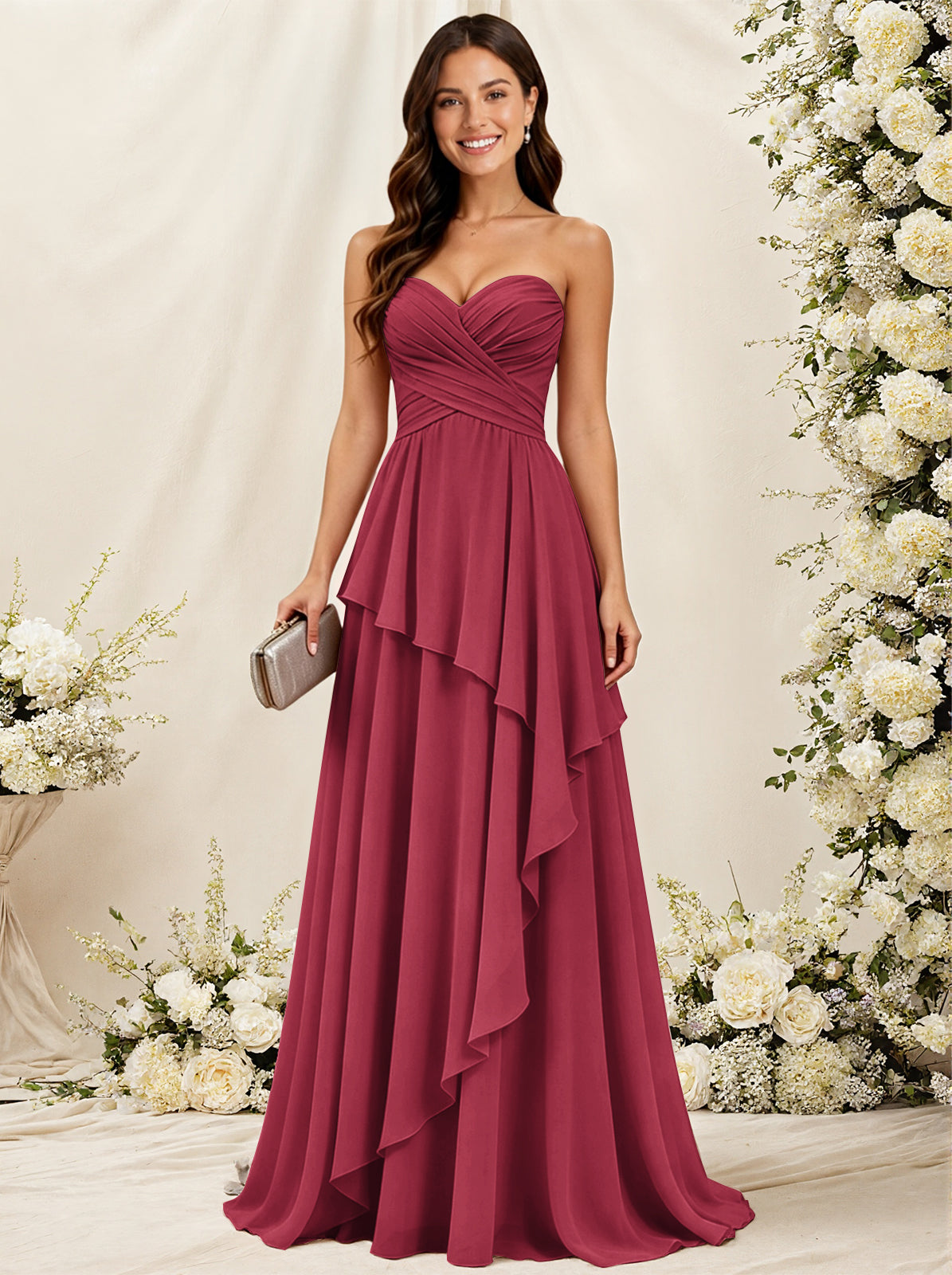 Strapless Sweetheart Neck Chiffon Bridesmaid Dress with Tiered Ruffles