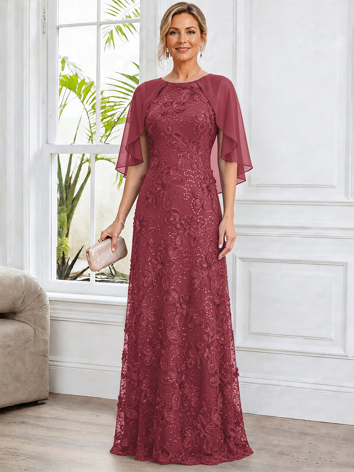 A-Line Lace Applique Scoop Neck Mother of The Bride Dress with Cape