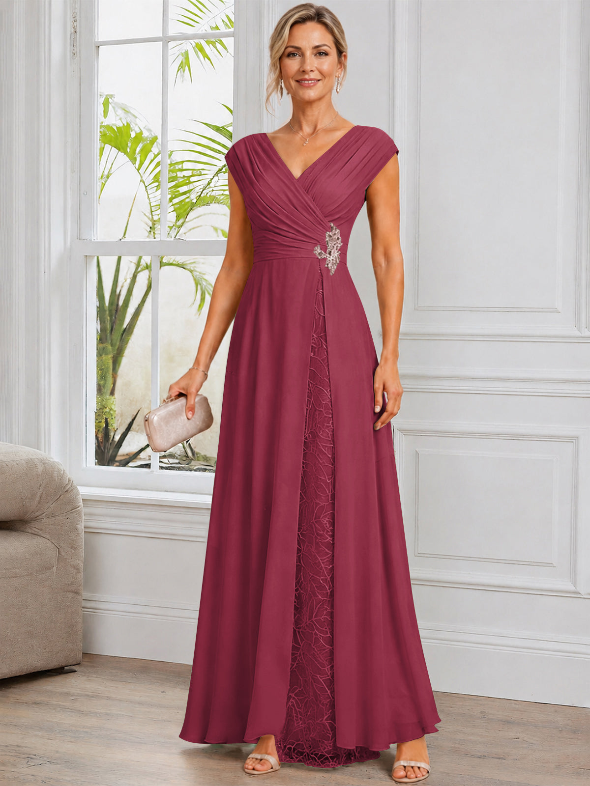 Cap Sleeve Leaf Lace Chiffon Long Mother of The Bride Dress with Beads