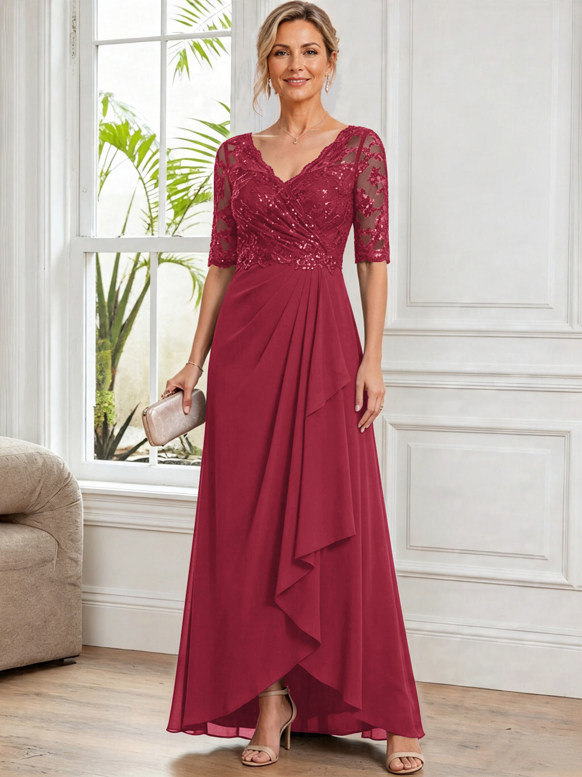 V Neck Half Sleeve Lace Applique Chiffon Mother of The Bride Dress