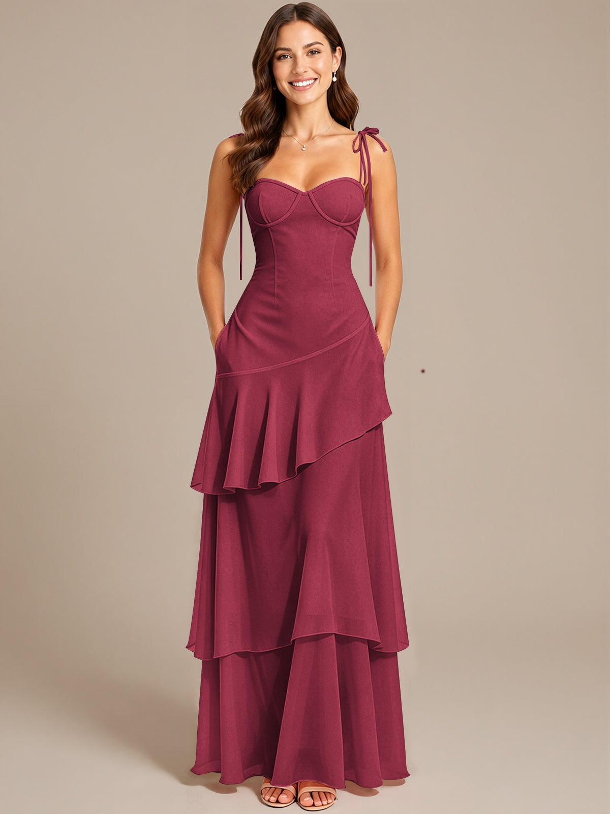 Spaghetti Strap Tiered Ruffles Chiffon Prom Dress