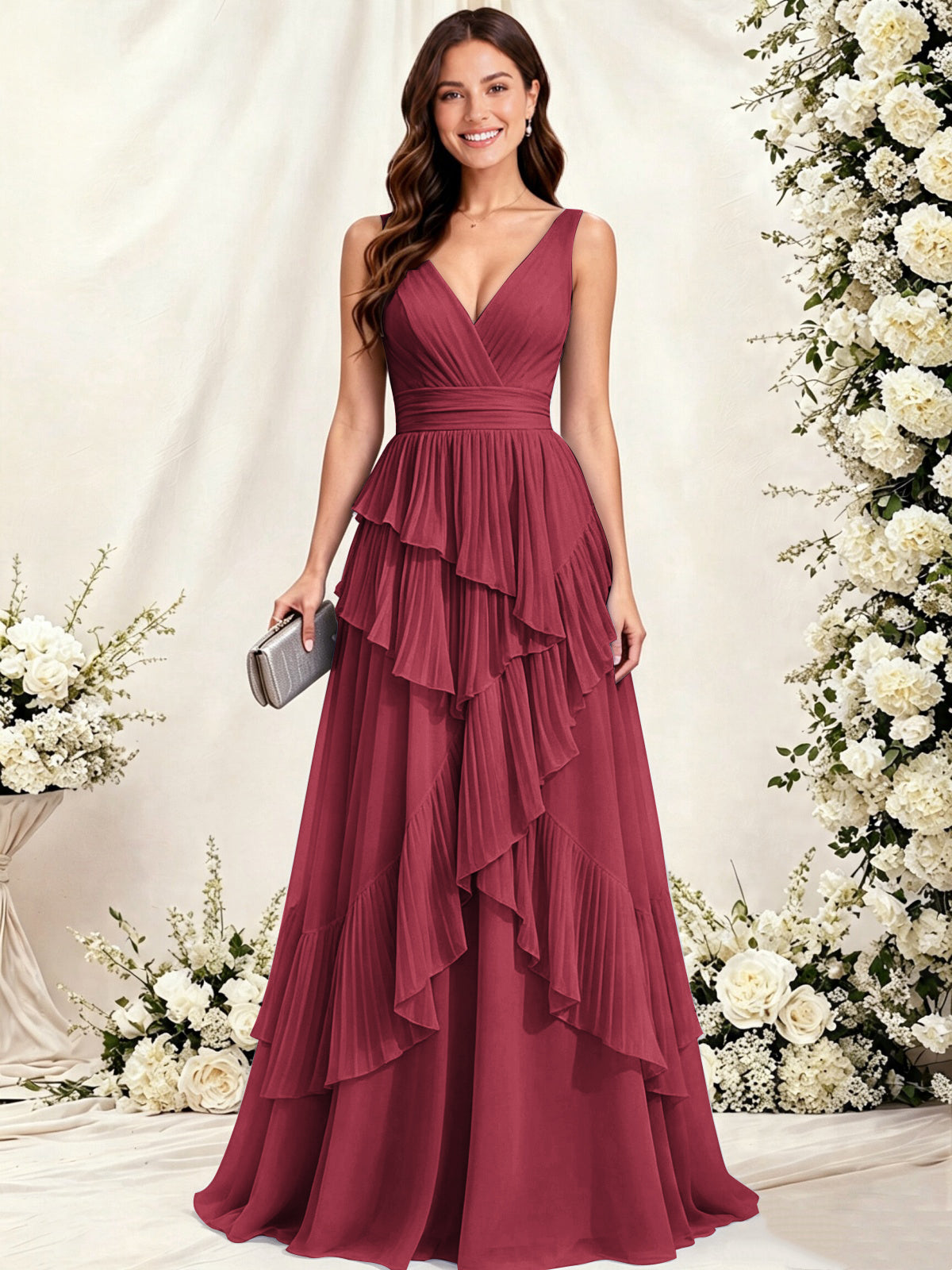 V Neck Tiered Ruffles A-Line Chiffon Bridesmaid Dress