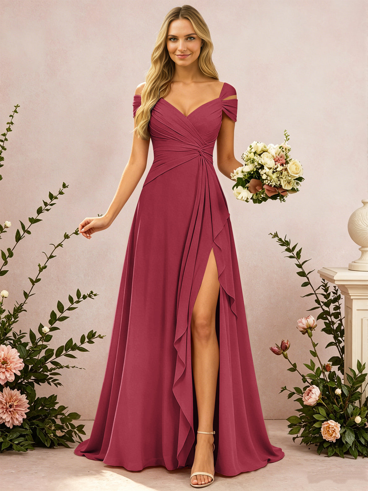 Cold Shoulder Pleated Chiffon Bridesmaid Dress with Side Slit
